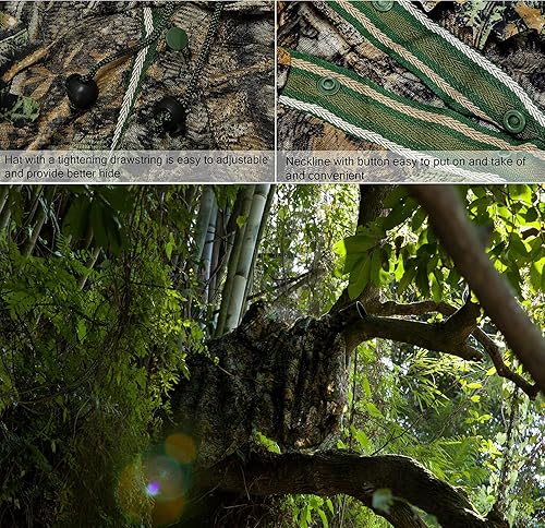 Miniatura 6 de Ginsco Poncho de camuflaje con hojas 3D Camoflage Woodland Cape ligero Ghillie traje para hombres, capucha Ghillie para caza de pavos, observación
