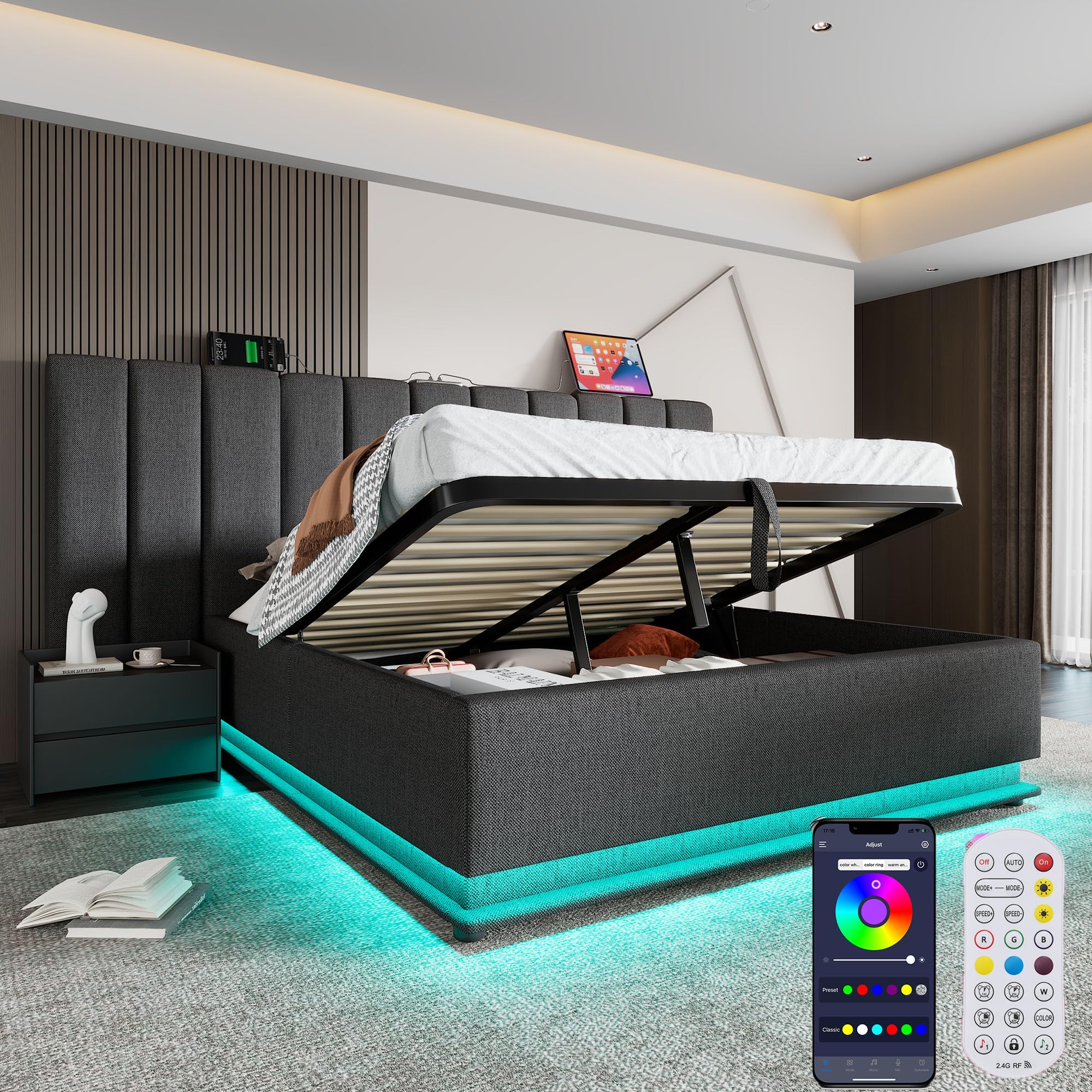 Zepneiy Lit Double 180x200 avec LED et USB, Lit Coffre 180x200 avec Espace de Rangement et tête de, avec sommier à Lattes, Cadre de Rembourré Gris(sans Matelas)