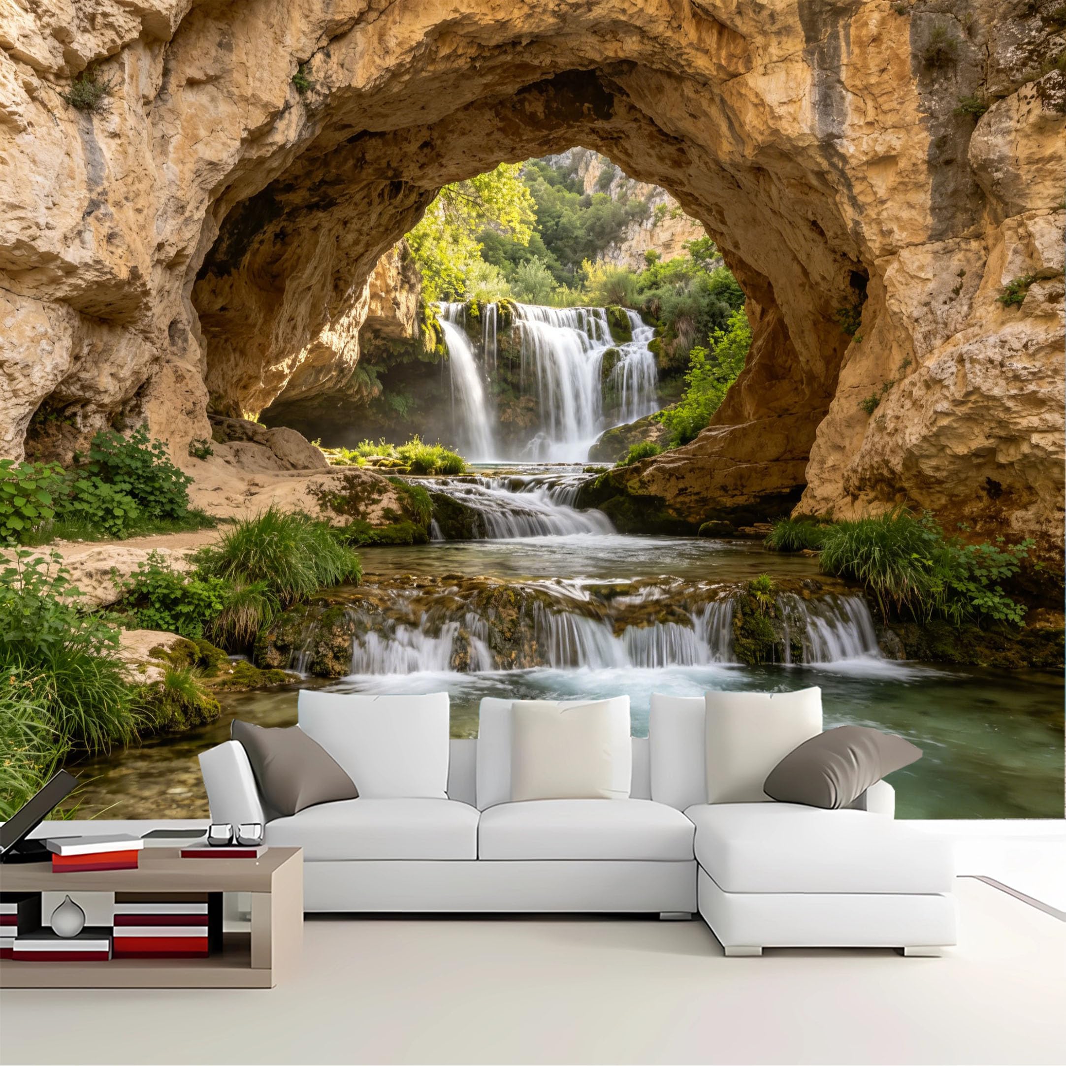 Custom Size Wall Mural Cave View Waterfall Forest Removable Self Adhesive Peel and Stick Wallpaper for Bedroom Living Room Dining Room