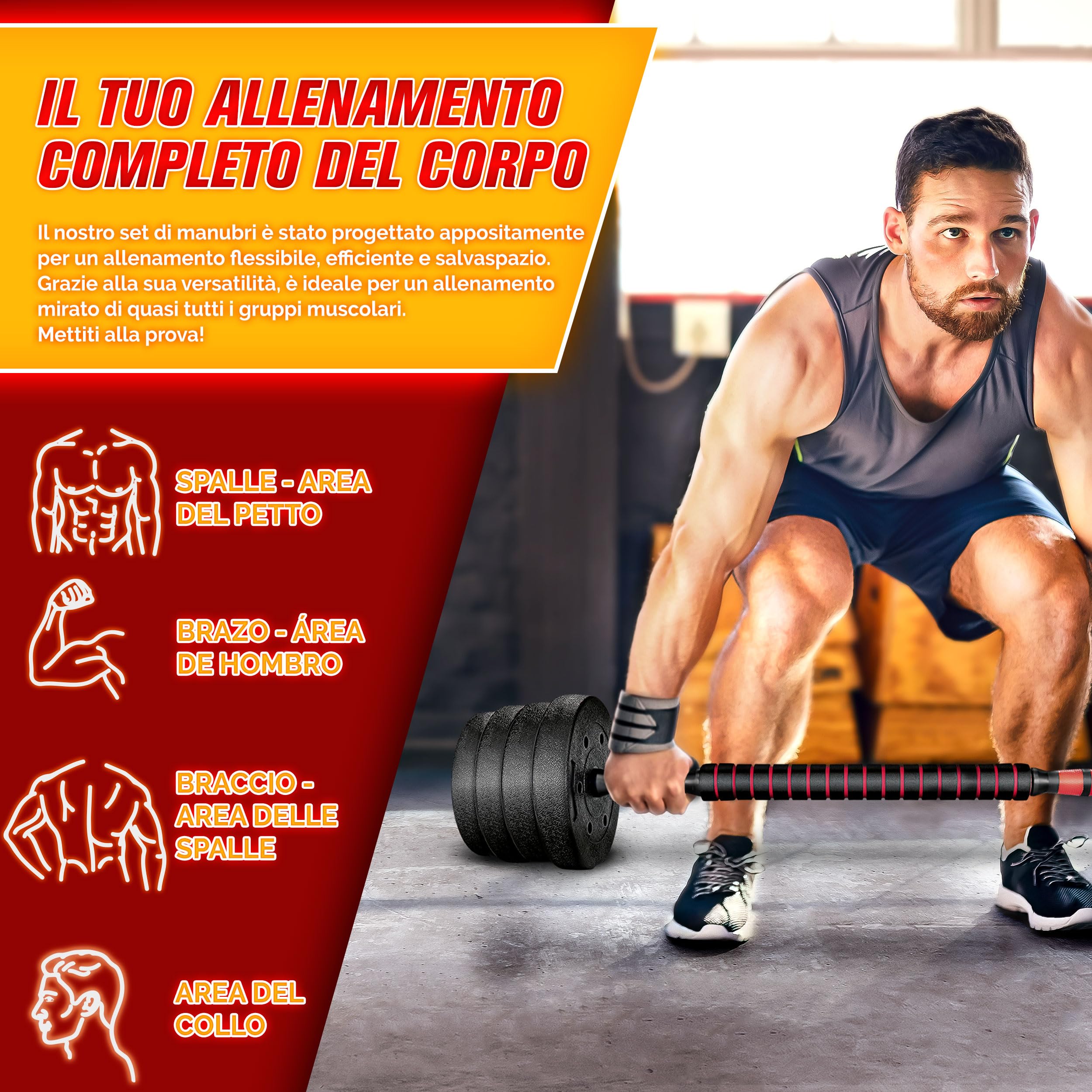 RE:SPORT Set di manubri 2 in 1 15-40kg | Set di manubri regolabili | Manubri corti e lunghi | Chiusure a stella e tubo di collegamento