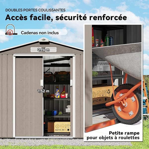 Outsunny Abri de Jardin en métal 2,77 m² cabane de Jardin 213 x 130 x 185 cm cabanon Rangement Outils avec kit de Fondation, Porte coulissante verrouillables et 4 aérations - Marron Clair - 4