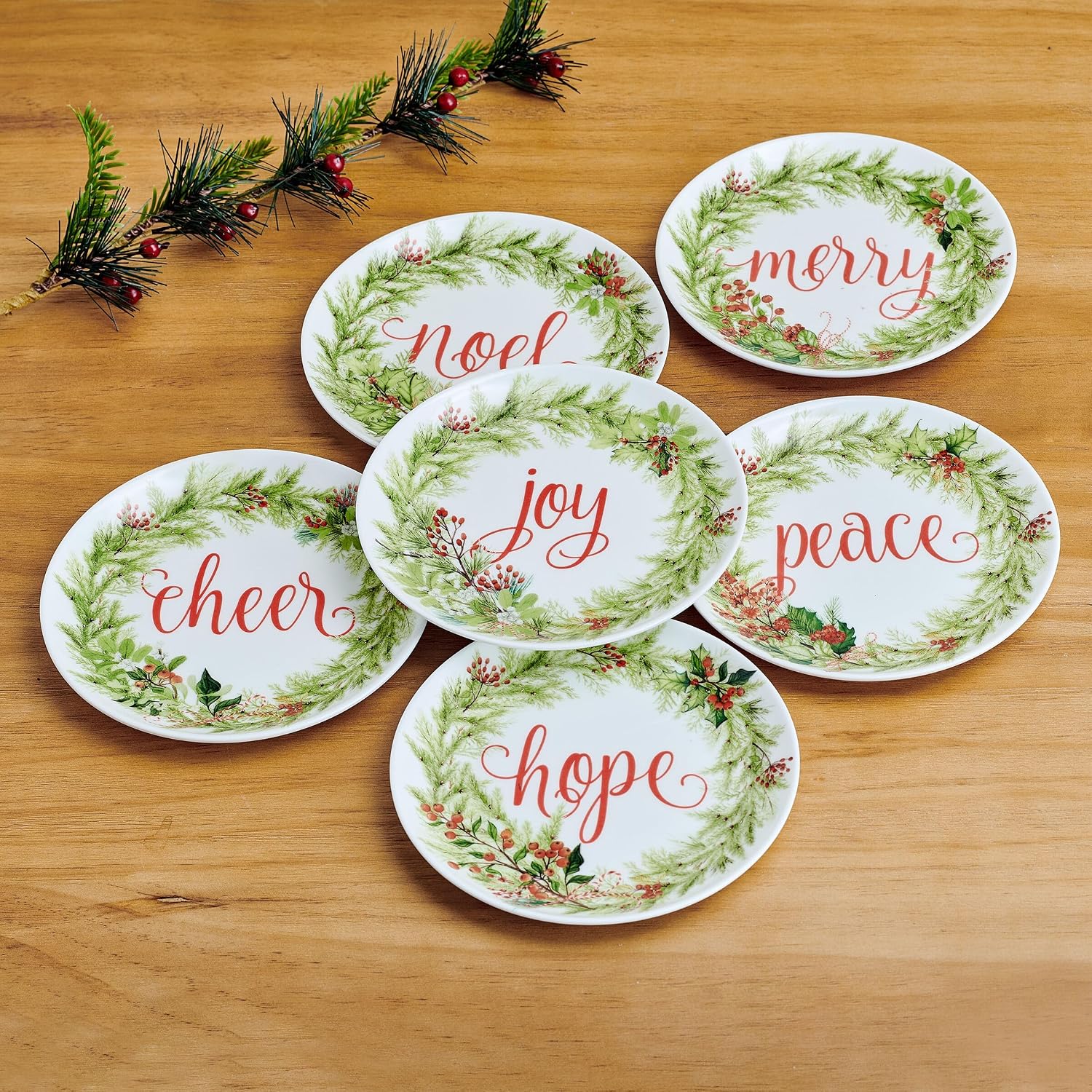 Mikasa Holiday Festive Garland Set of 6 Bone China Lightweight Chip Resistant Appetizer Plates Christmas Party Holiday Entertaining, 7 inch