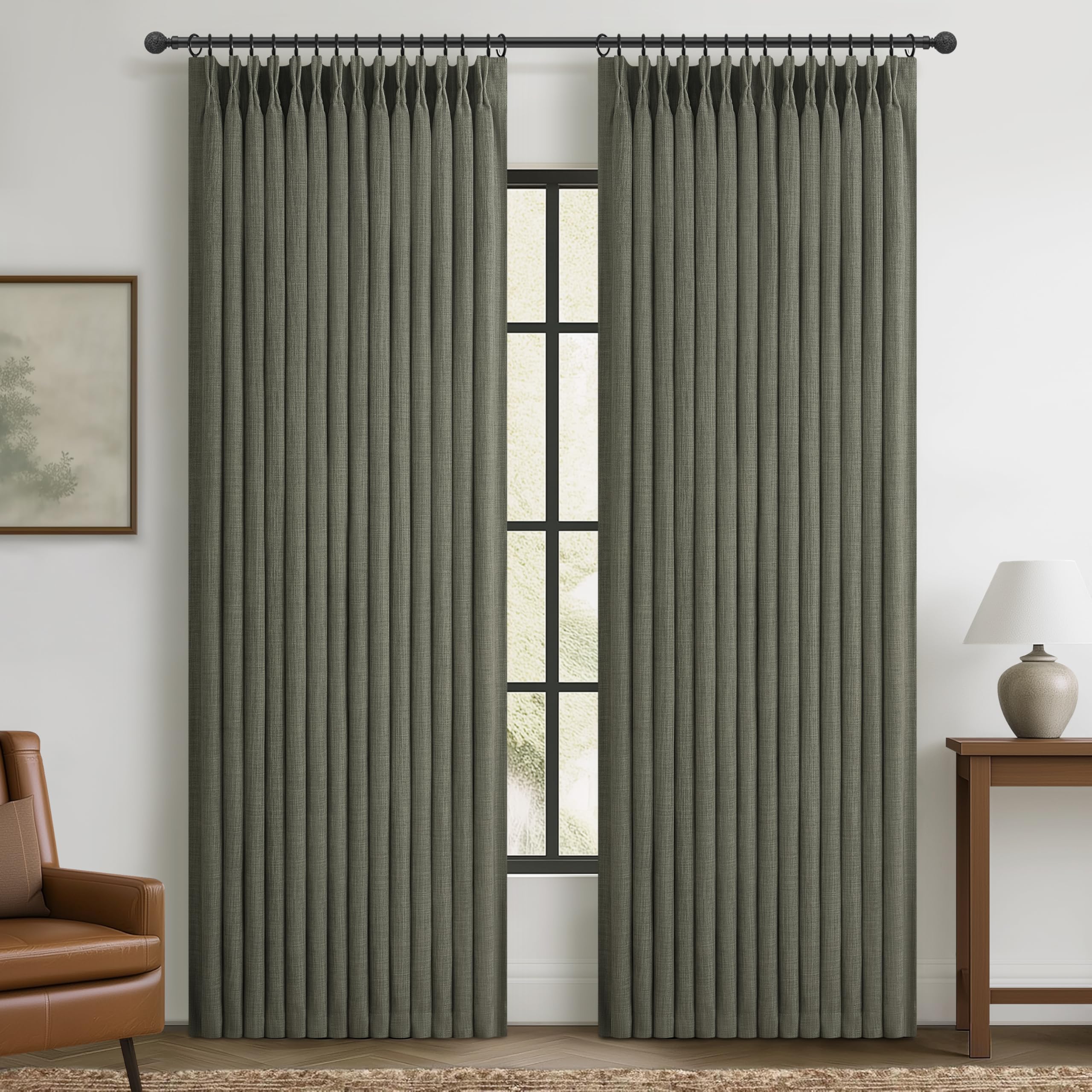 Blackout Linen Blend Double Layer Classroom Curtains 86 Inches Long 2 Panels Set, Memory Trained Pinch Pleated Greenish Grey Insulated Soundproof Elegant Office Window Drapes with Back Tab 40W x 86L
