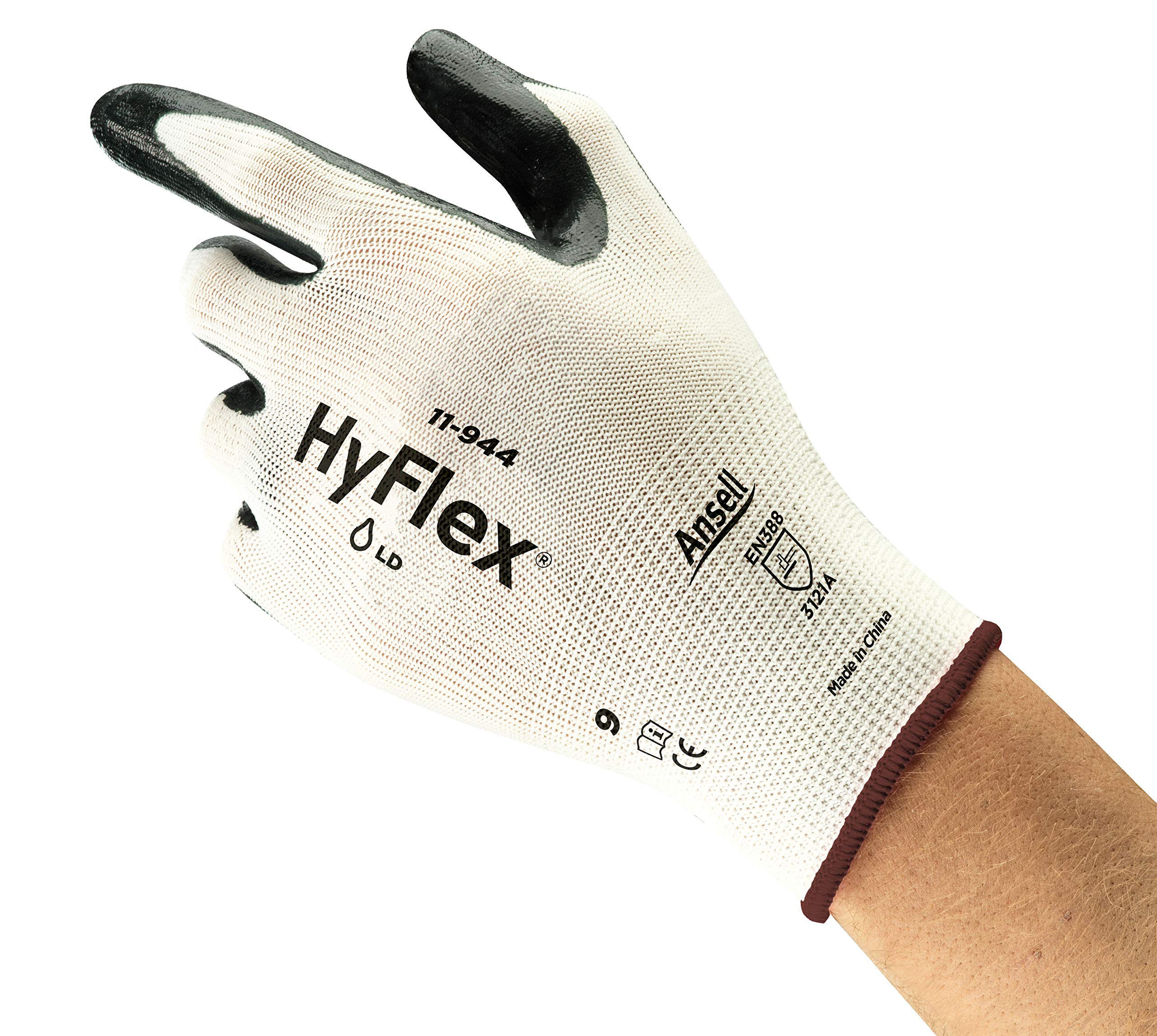 Ansell HyFlex 11-944 Gants de Travail Oléofuges, Résistant à l’Abrasion, Protection Mécanique et Risques Industriels, Gant de Sécurité Homme Femme, Lavable, Noir, Taille L (12 Paires)