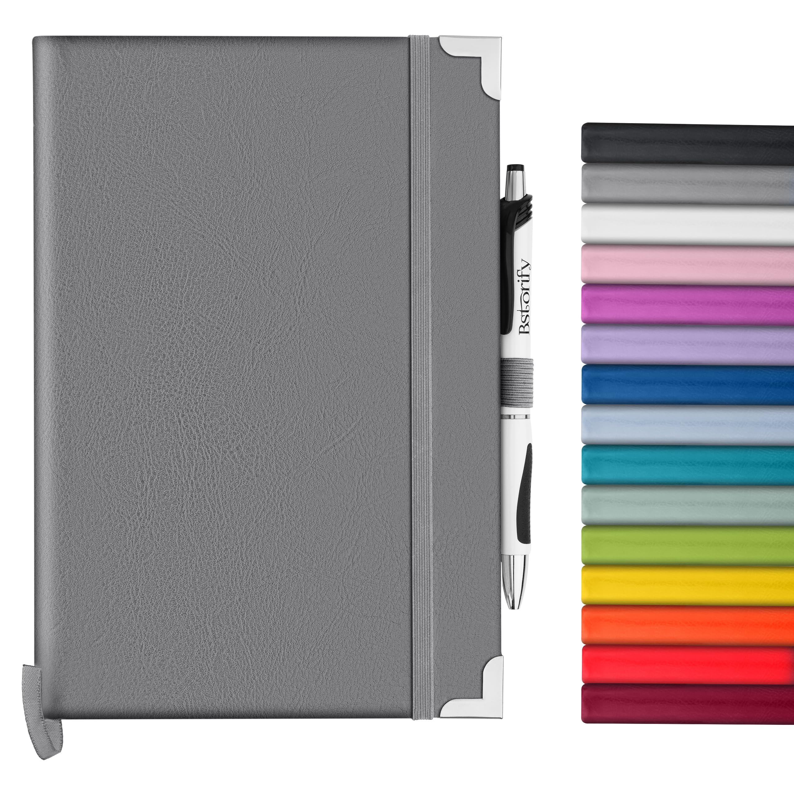 Bstorify A5 Notebook And Pen Set - 160 Lined Pages (14.85 x 21 cm) Grey Journal Notebook A5 with Hardback Cover, Pen Loop, Expandable Pocket - Ideal for Diary, Notetaking and Writing (A5, Grey)