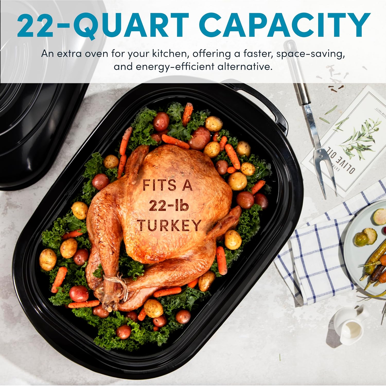 Aroma 18-Quart Roaster Oven with a large cooked turkey and vegetables on the roasting rack