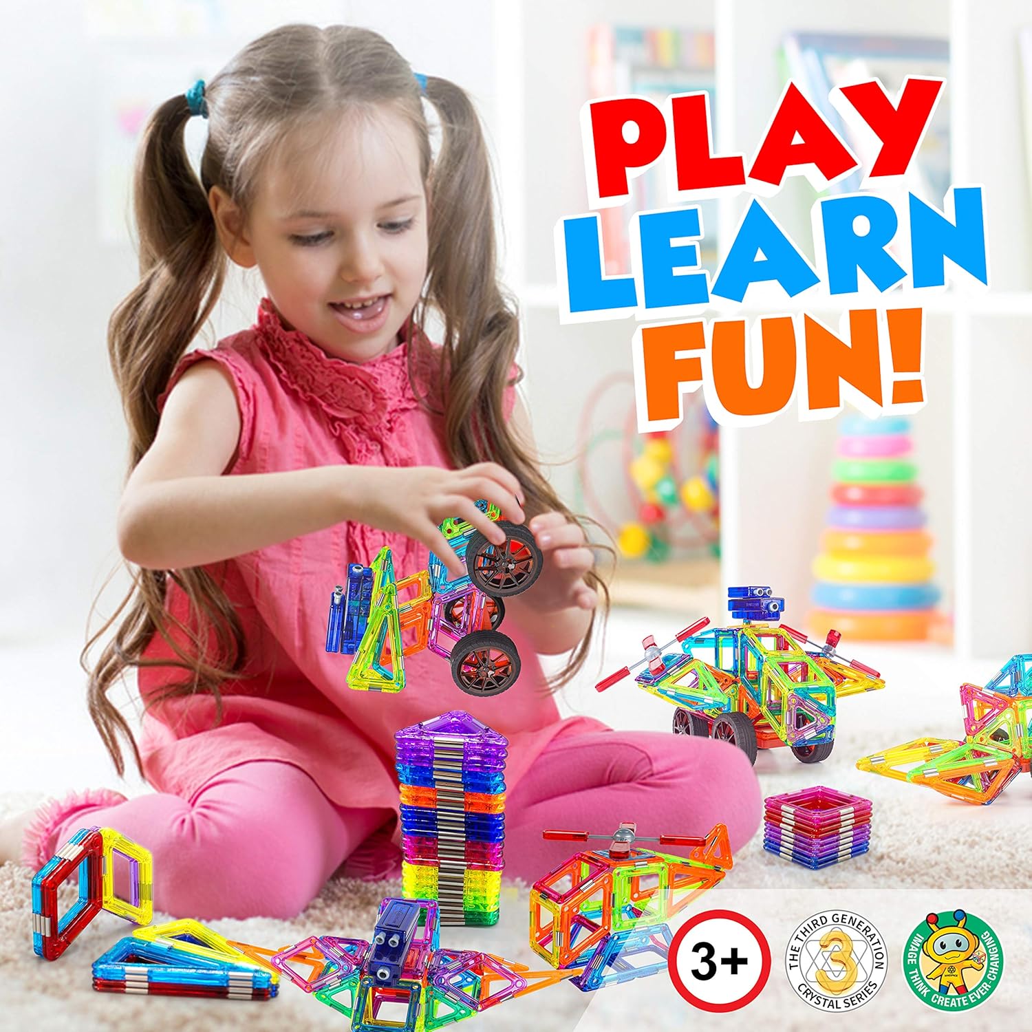 Hurtle Magnetic Building Blocks for Kids - Preschool Learning Toys Shapes Block Educational Magnet Tiles Kids Toy Set w/car Accessories - Safe Magnetic Blocks for 3 Year Old & Up