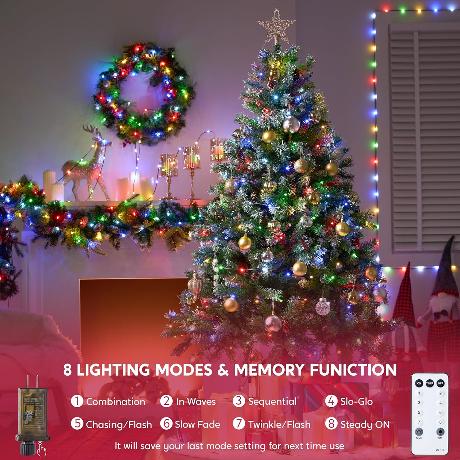 Joiedomi 600 LED Christmas String Lights Outdoor,198FT Multicolor Fairy Light with Remote 8 Modes Timer, Plug in PVC Green Wire Lighting Decor with Reel for Indoor Dorm Classroom Bedroom Holiday