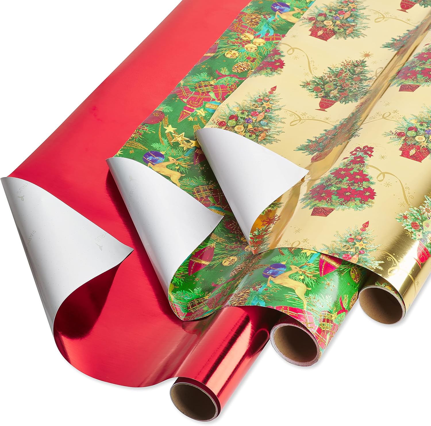 Papyrus Christmas Wrapping Paper Bundle, Metallic Red, Christmas Tree, Christmas Tidings (3 Rolls, 65 sq. ft)