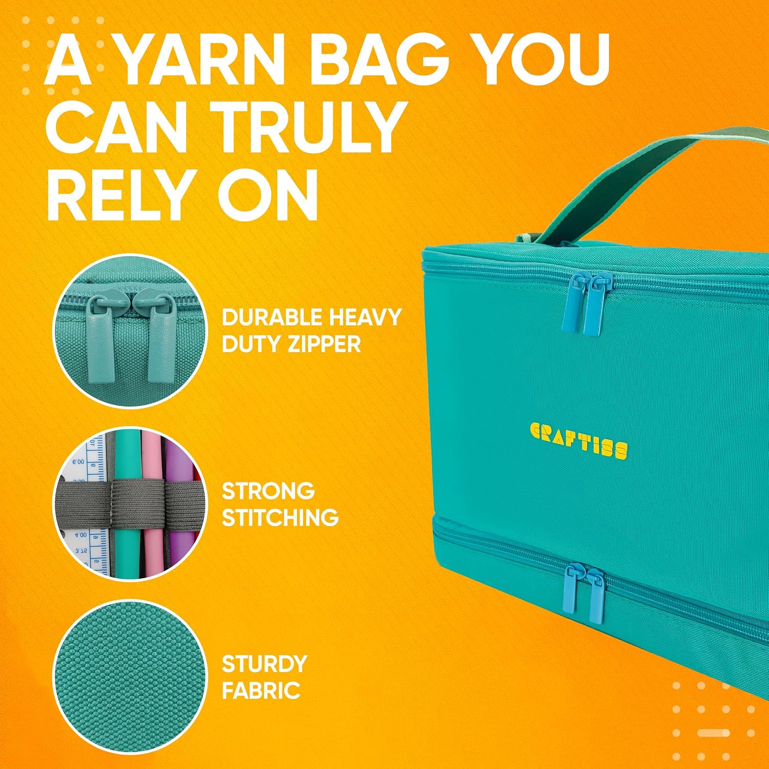 CRAFTISS Crochet Bag Yarn Storage - Knitting Gift - Durable Canvas Yarn Bag for Crochet Accessories - Organizer with Built-In Knitting Accessories Case (Turquoise)