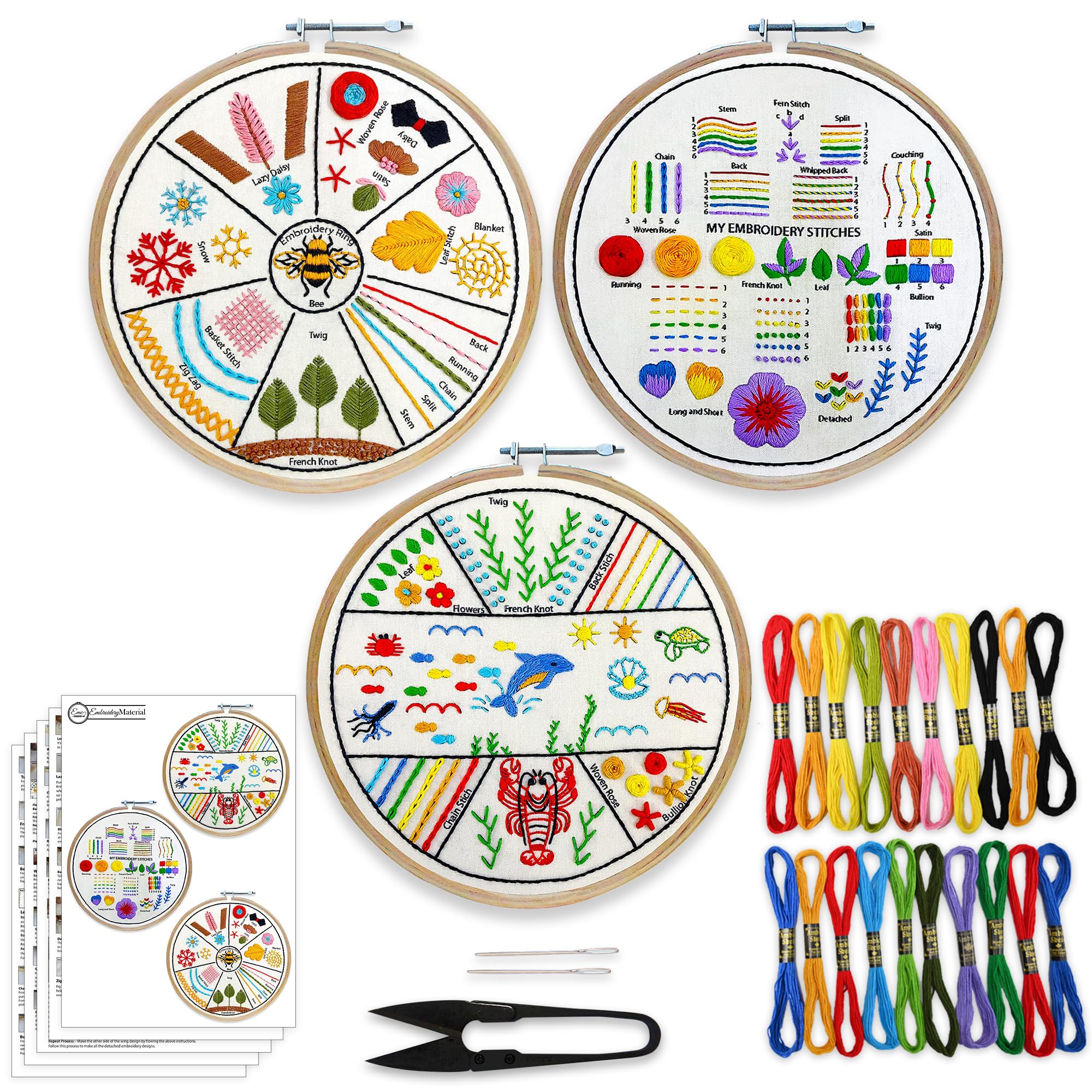 Embroiderymaterial Pack of 3 DIY Cross Stitch Embroidery Kit for Beginners – “Learn to Stitch Kit” | Printed Fabric, Threads, Hoop, Needles & Step-by-Step Guide | Ideal for Practice, Learning & Hobby