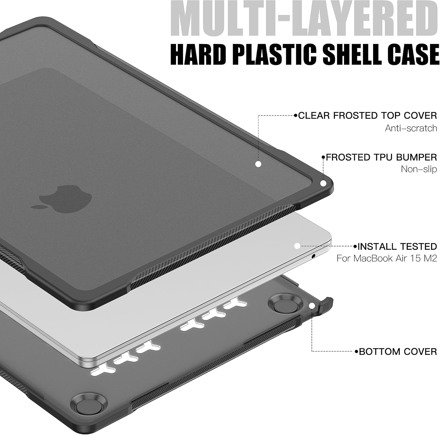 Batianda 4-in-1 Ultimate Case for M5 MacBook Air 15 inch 2026 2025 M4 2024 M3 A3114 2023 M2 A2941 Model - Matte Translucent Rugged Armor Shell with Carbon Fiber Texture Grip Shockproof Bumper - Black