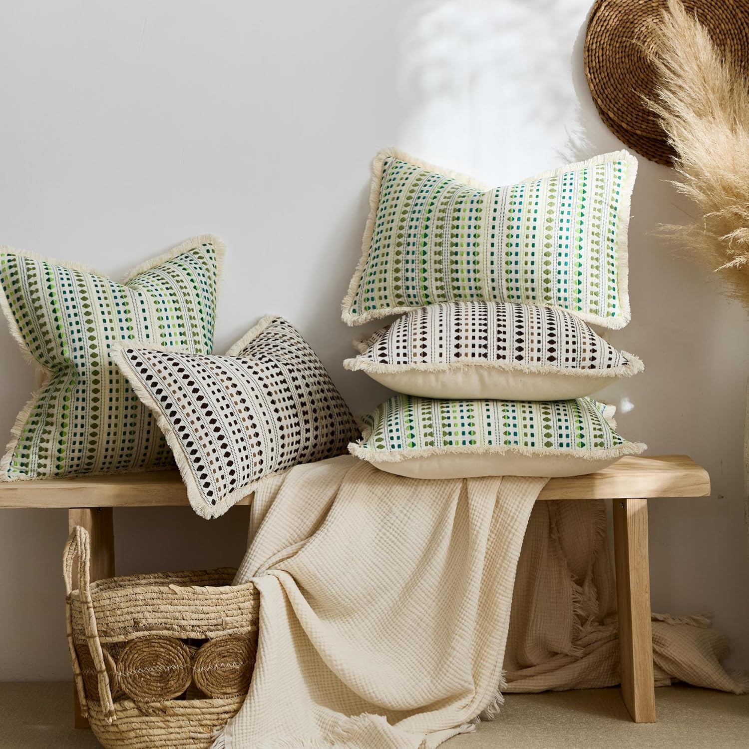 Embroidered Throw Pillow Cover Set of 2, Spring Summer Boho Farmhouse Decorative Pillow Case with Tassels, Textured Cushion Cases for Sofa Living Room Home Decor (Green, 12" x 20")