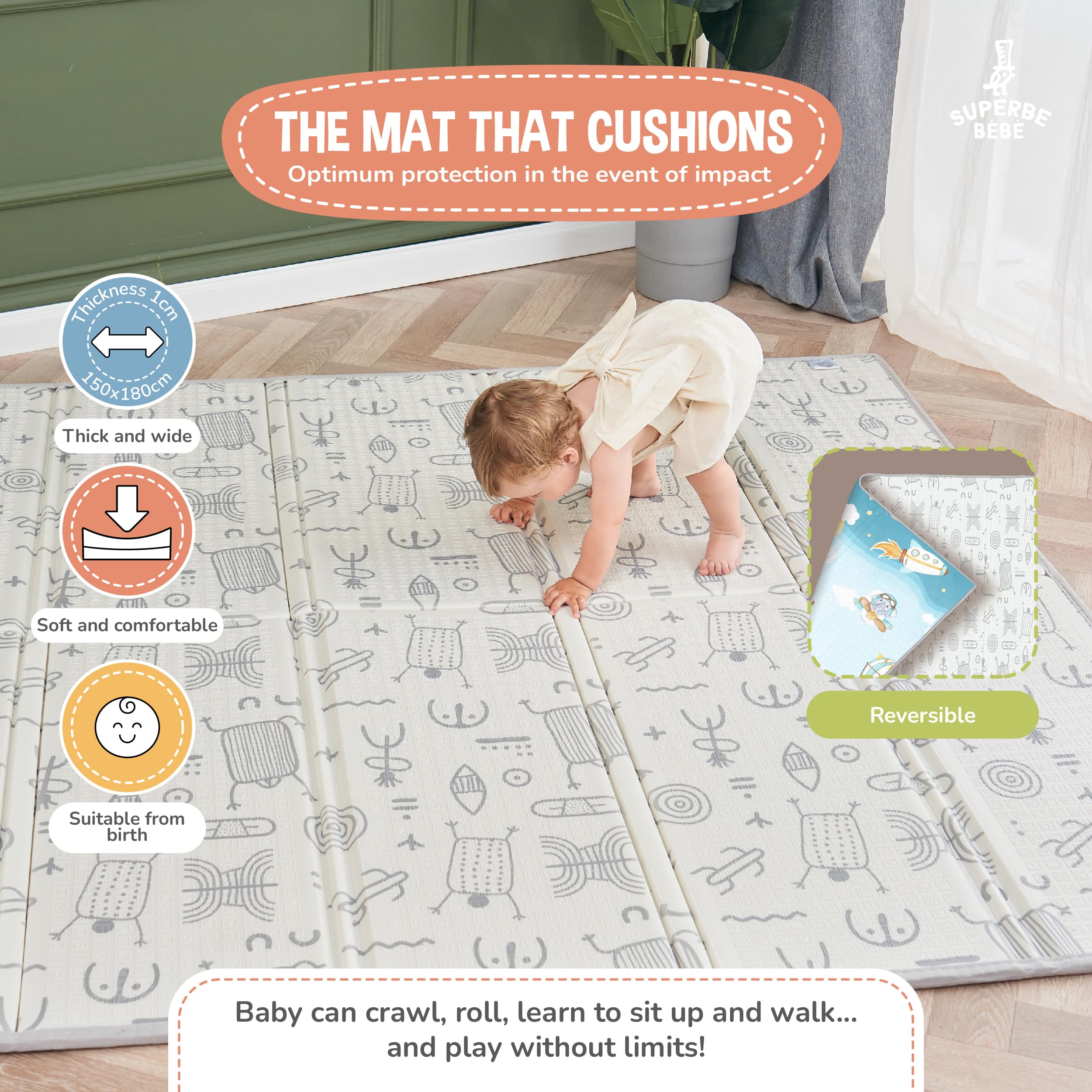 Tappeto Gioco Bambini Pieghevole 150x180x1cm Palestrina Neonato Montessori Reversibile Non Tossico E Impermeabile In Schiuma Per Bimbi. Palestra Neonati - Tappeto Tummy Time Neonati - Regalo Bambino