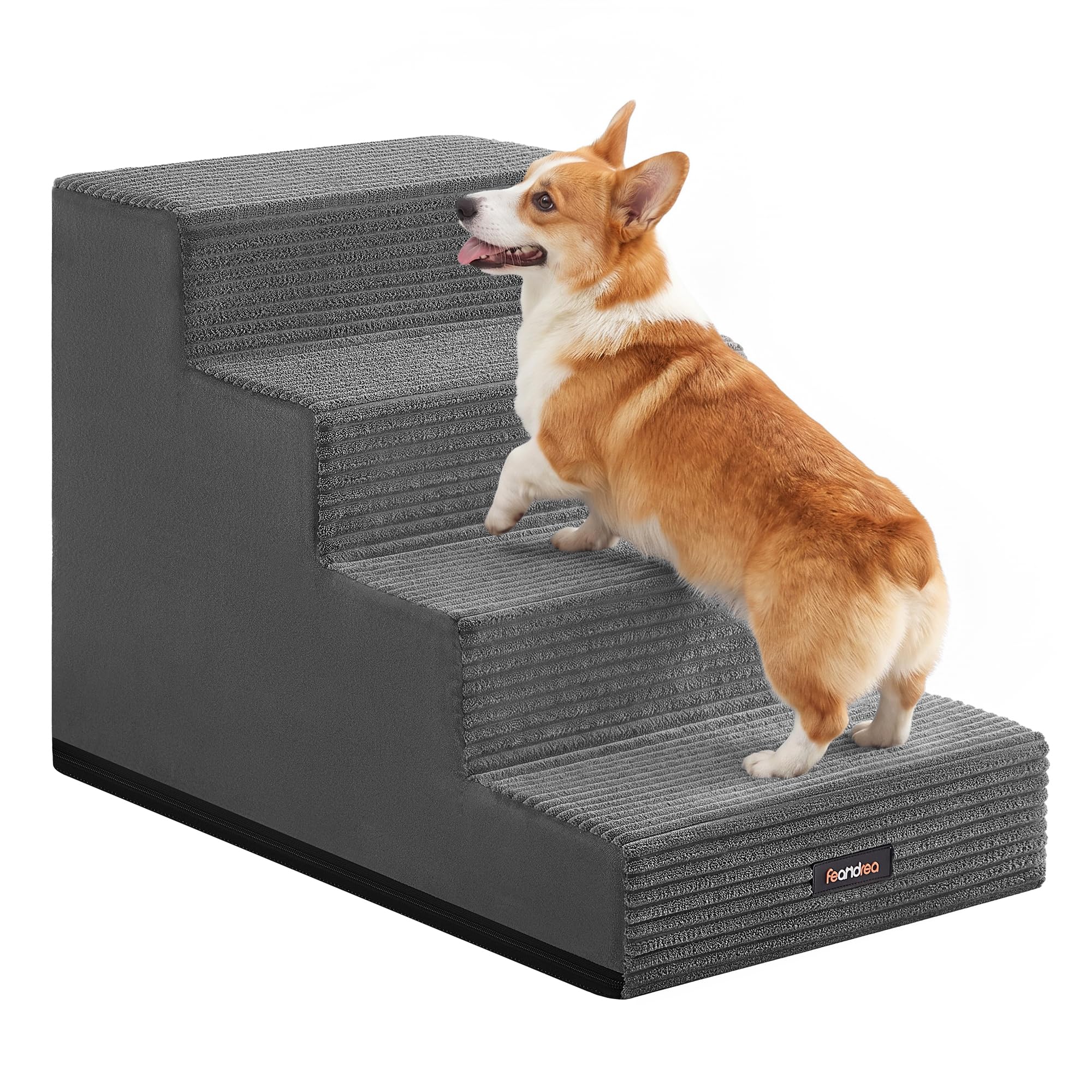 Feandrea Escaleras para Perros de 4 Peldaños, Espuma de Alta Densidad, Funda de Pana Impermeable y Lavable, Antideslizante, para Cama y Sofá, 62 x 40 x 44 cm, Gris, Colección Baddi PPS024GN01
