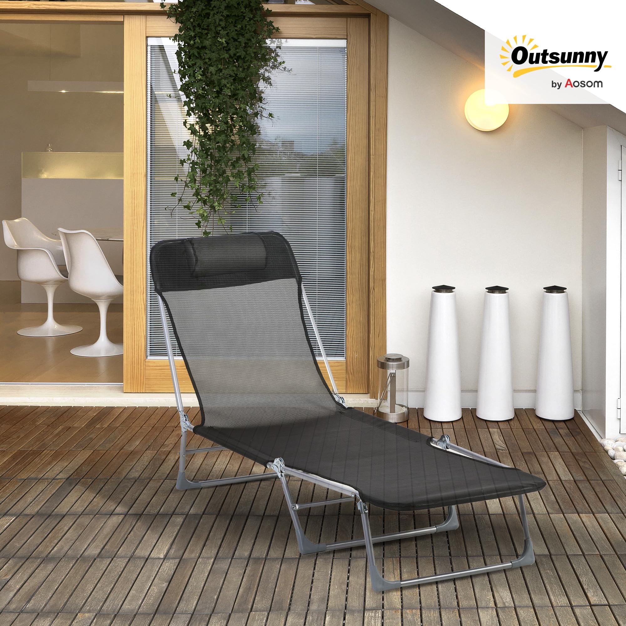 Outsunny Bain de Soleil Transat de Plage Pliable 182L x 56l x 28H cm Noir | Chaise Longue Extérieur, Oreiller, Dossier Réglable 5 Niveaux, pour Jardin