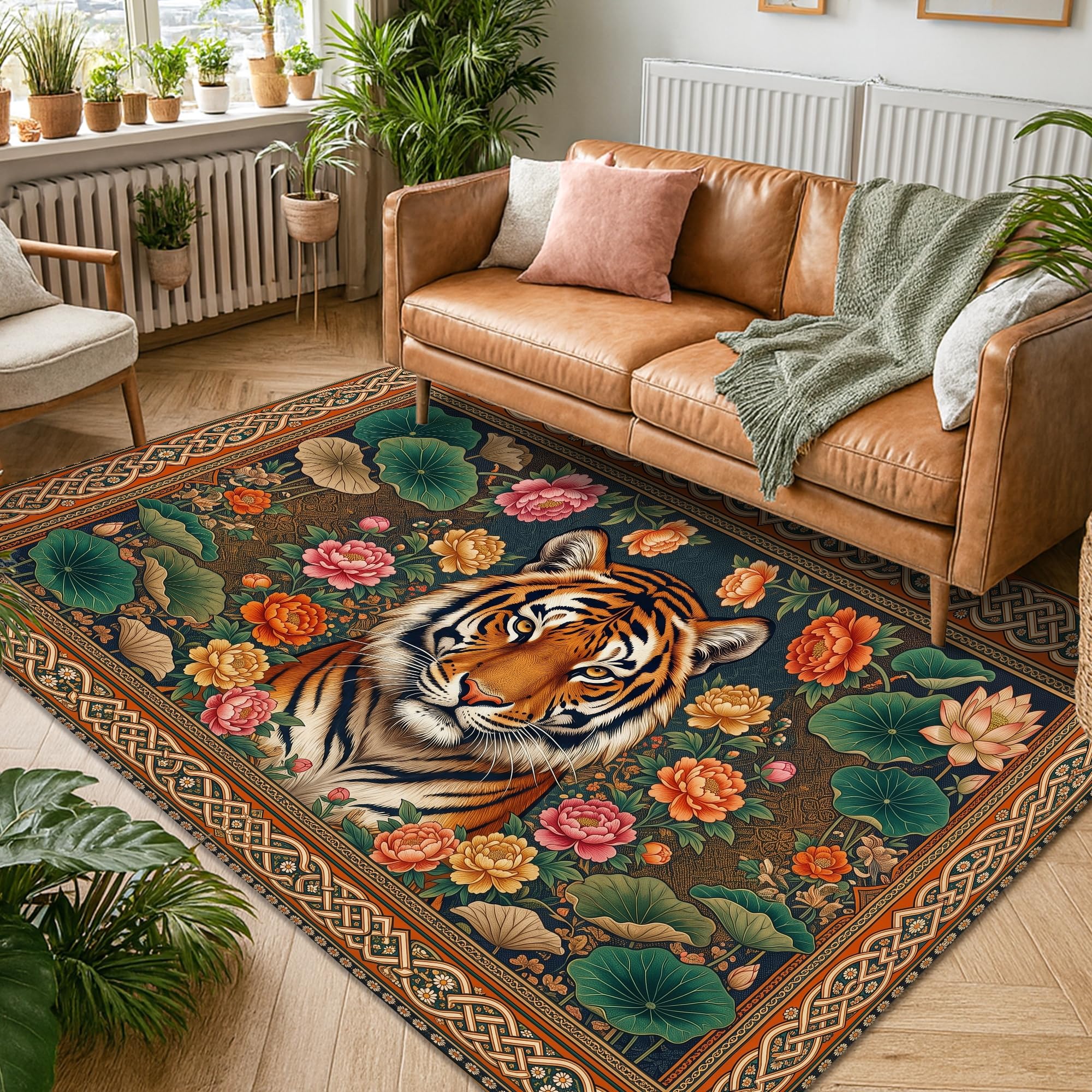 Tapis oriental botanique tigre et pivoine, 1,5 x 2,1 m