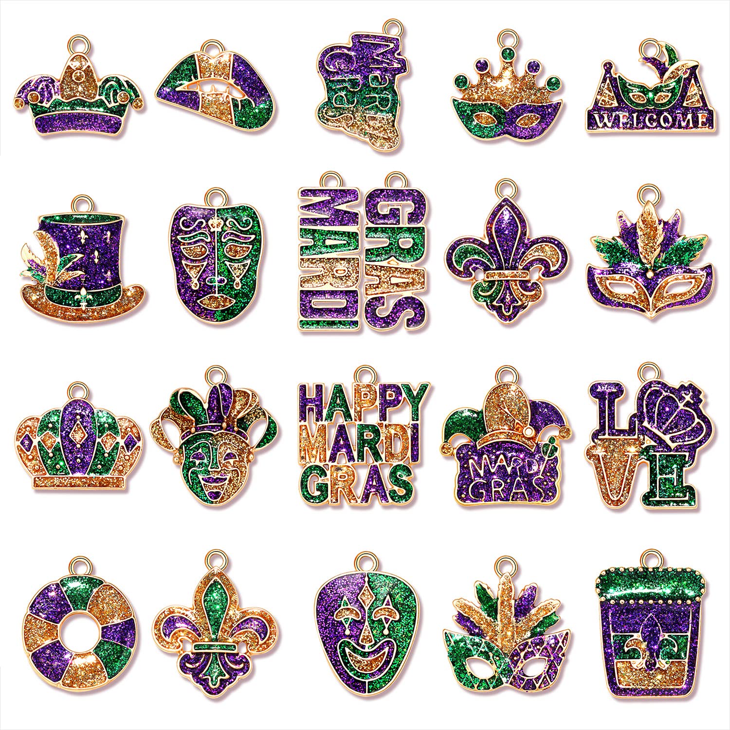XOCARTIGE 20/36PCS Mardi Gras Charms for Jewelry Making, Carnival Mask Crown Jester Fleur-de-lis Charms for Bracelets Necklace Earrings Making DIY