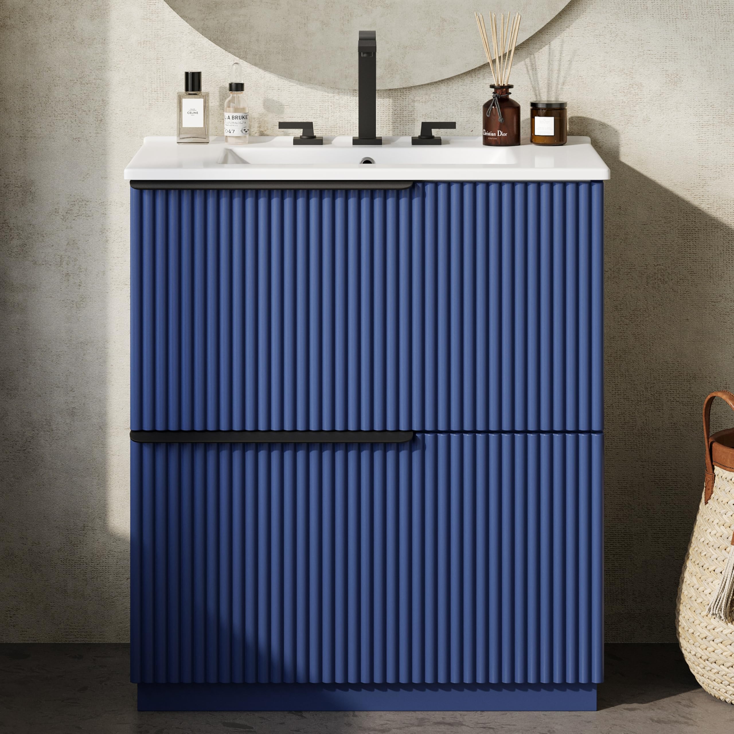 Merax Modern 30'' Bathroom Vanity with Single Sink Combo, Solid Wood Bathroom Storage Cabinet with Full-Extension Drawers, Freestanding Vanities Set with Fluted Design Black