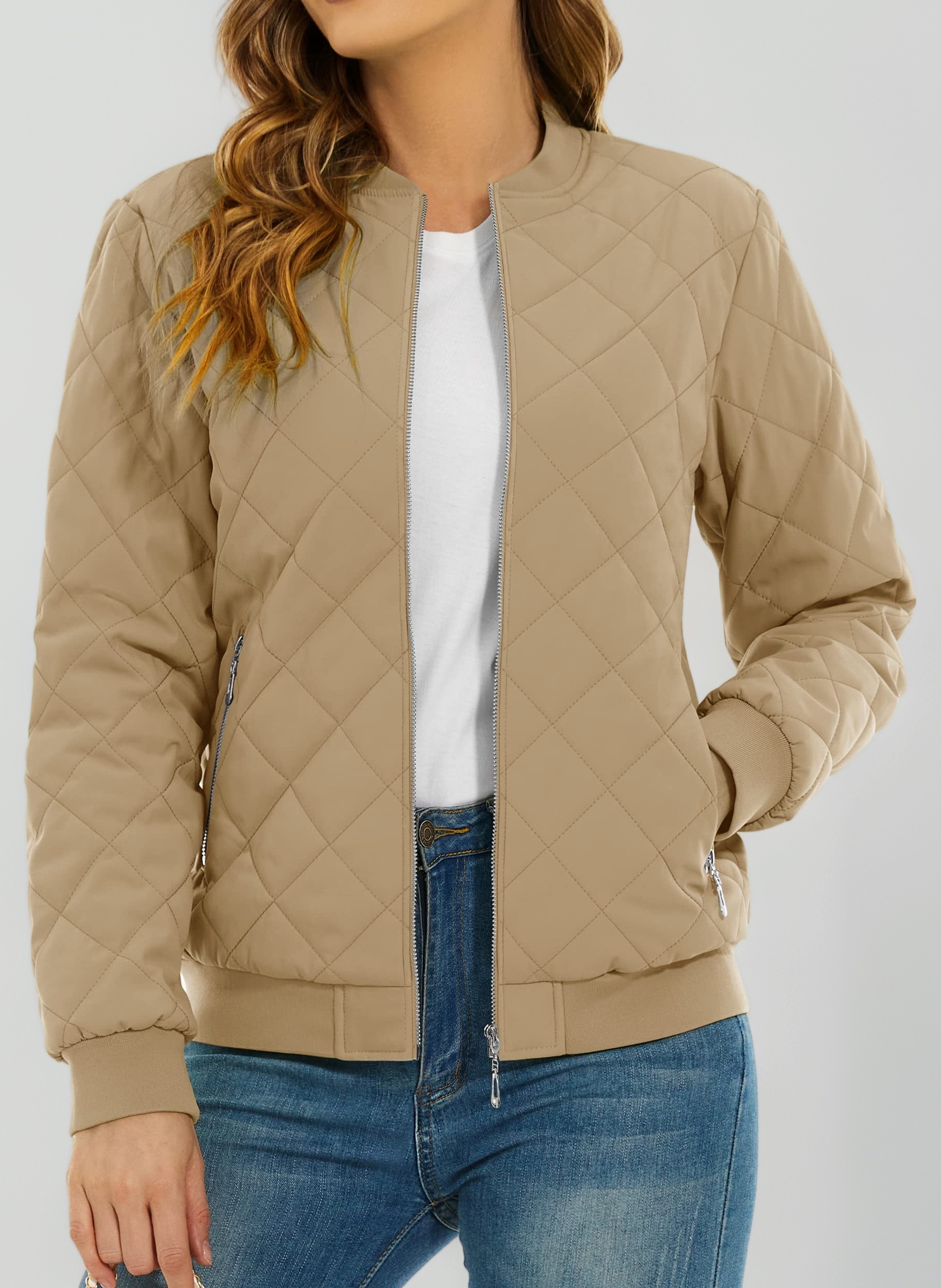 Women's Diamond Quilted Jackets Full Zip Winter Bomber Jacket Padded Coats Casual Warm Jacket with Pockets