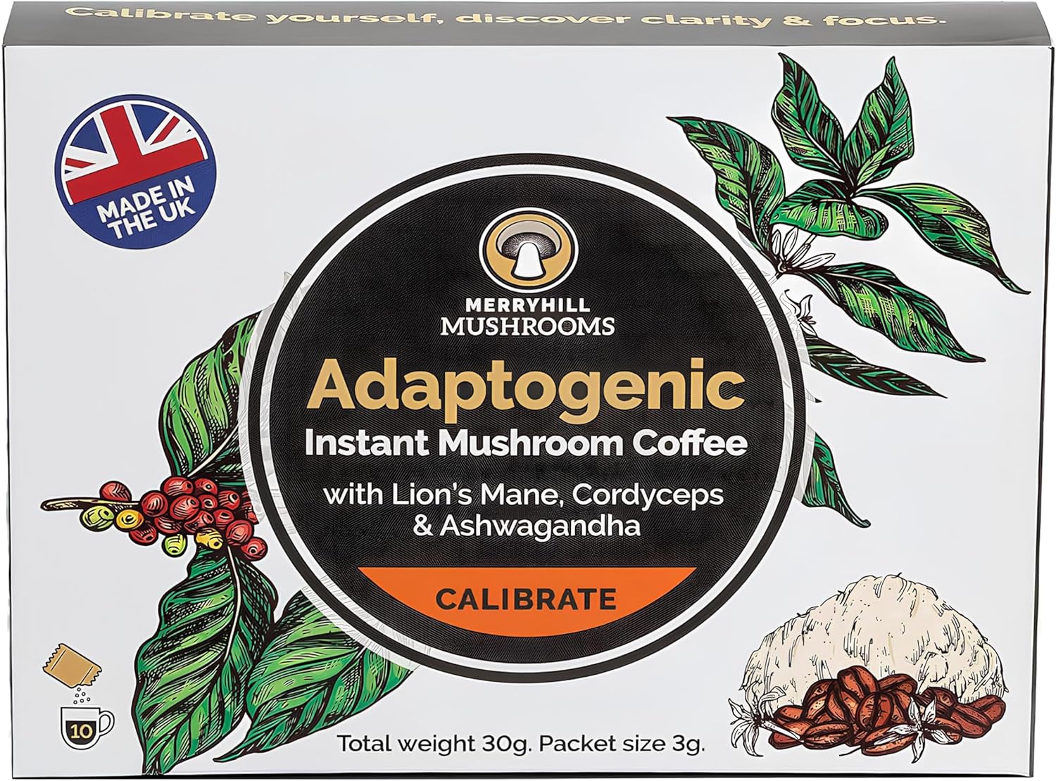 Adaptogenic Mushroom Coffee | Lion’s Mane, Cordyceps & Ashwagandha | 10 Sachets | Sleep, Focus, Energy | 500mg of Lions Mane, 500mg Cordyceps and 300mg Ashwagandha per Sachet