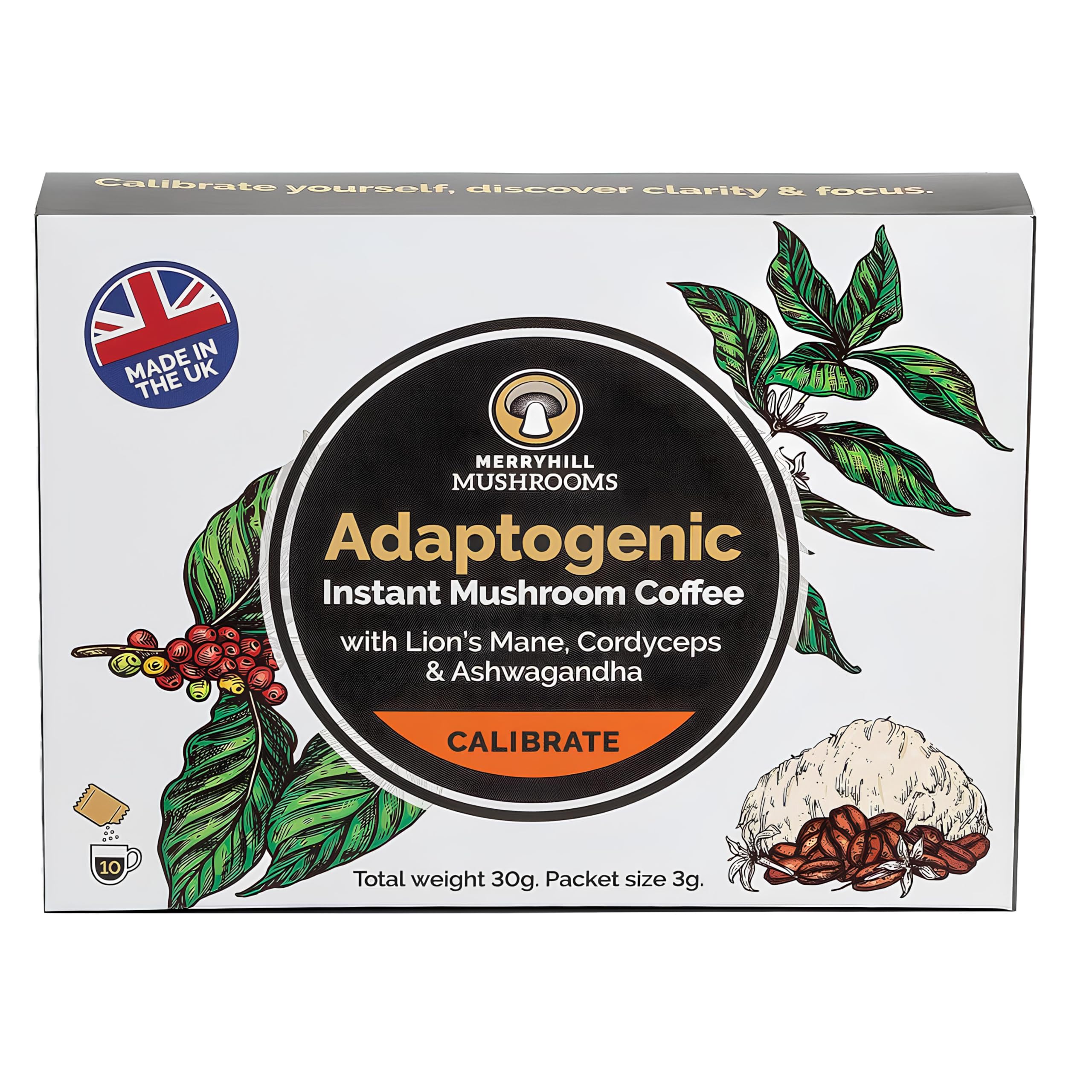 Adaptogenic Mushroom Coffee | Lion's Mane, Cordyceps & Ashwagandha | 10 Sachets | Sleep, Focus, Energy | 500mg of Lions Mane, 500mg Cordyceps and 300mg Ashwagandha per Sachet