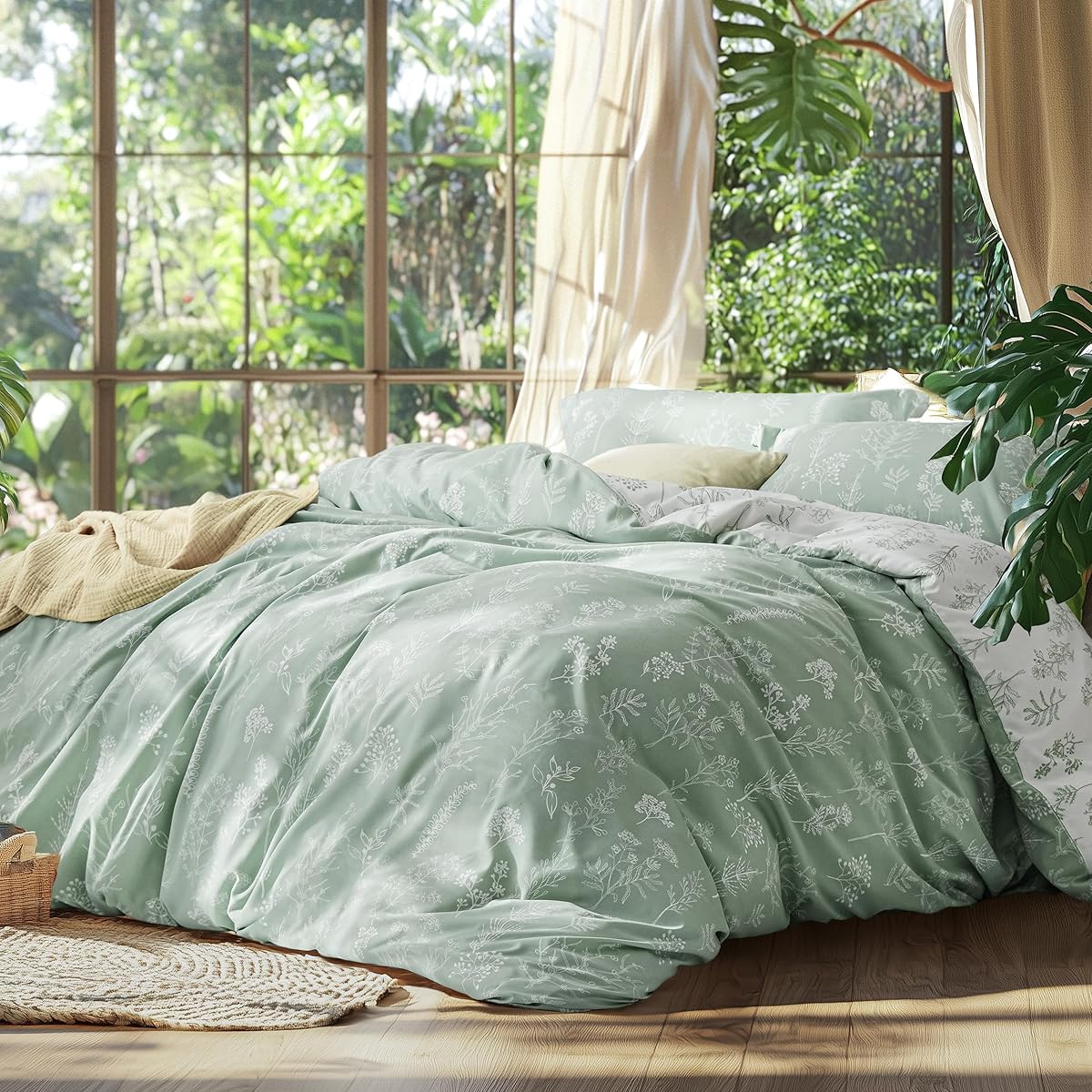 Bedsure Queen Comforter Set - Sage Green Bed Set, 3 Pieces Cute Floral Bedding, 1 Soft Reversible Botanical Flowers Comforter and 2 Pillow Shams