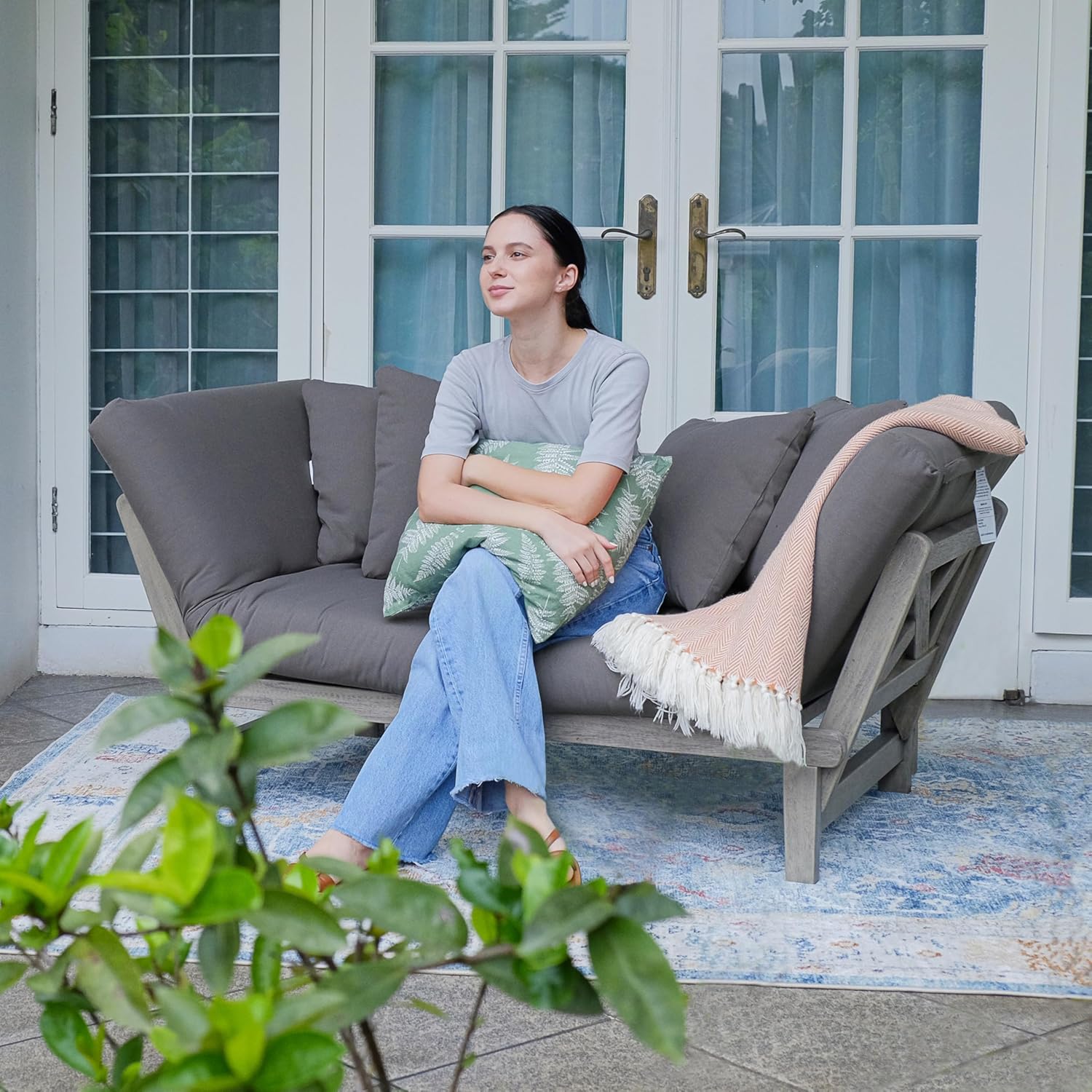 Cambridge Casual Teak Outdoor Convertible Patio Sofa with Adjustable Armrests, Teak Wood Sofa with Removable Cushions for Porch, Poolside & Backyard, Seats Up to 2 Persons Sofa, Gray