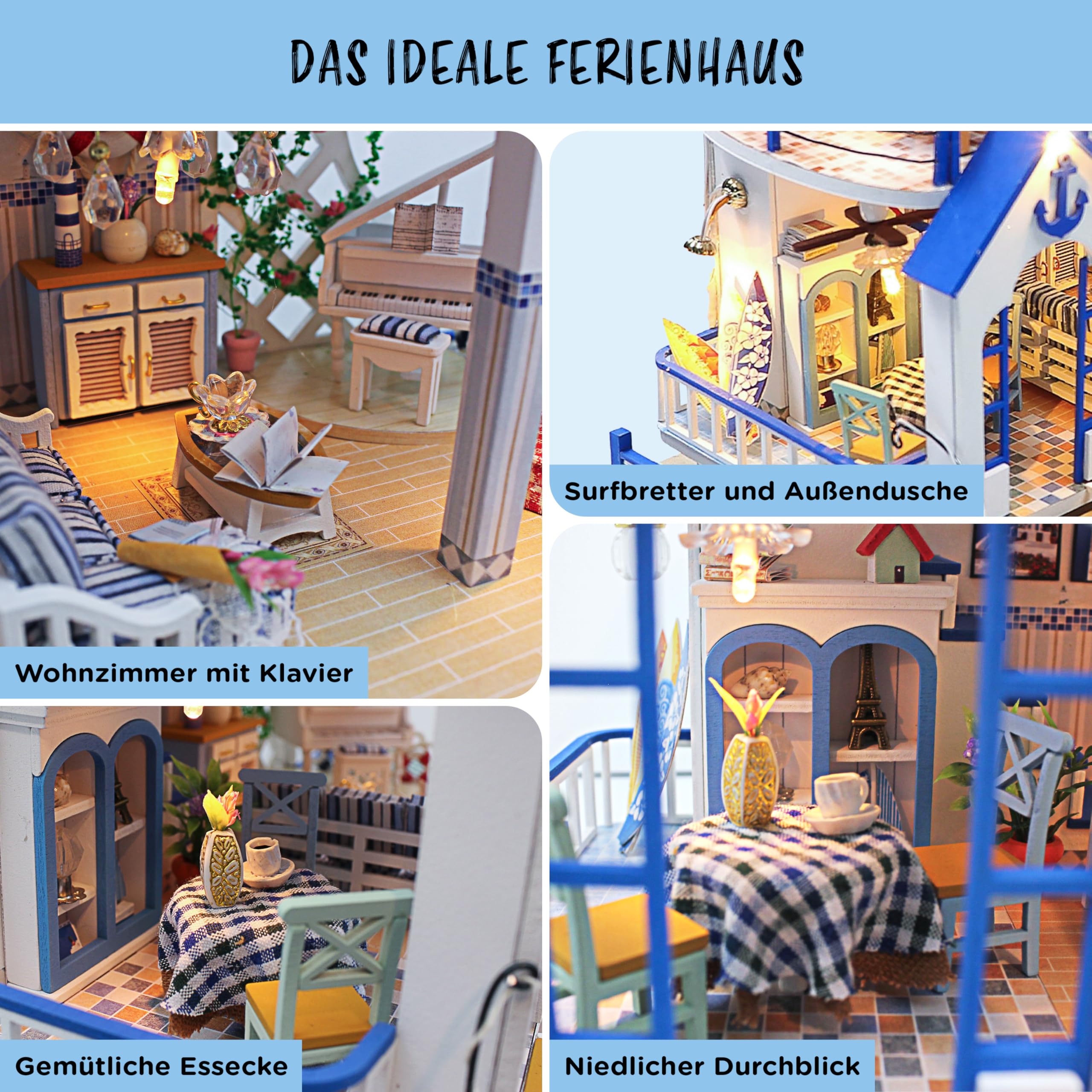 Crafts&Co® Miniatur Strandhaus | DIY Papiermodell | Detailliertes Bastelprojekt für Anfänger | 398 Teile | Bastelspaß für Jung und Alt | Mehrfarbig