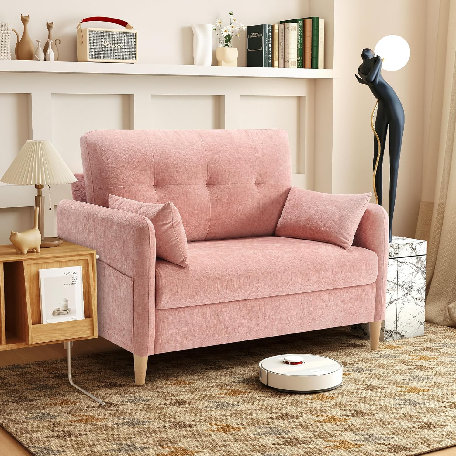 Urhanherry 47" Small Sofa Couch for Bedroom, Soft Chenille loveseat Mini Couch with Throw Pillow and Removable Cushion Cover for Small Spaces, Living Room, Apartment, Dorm, Office(Pink)