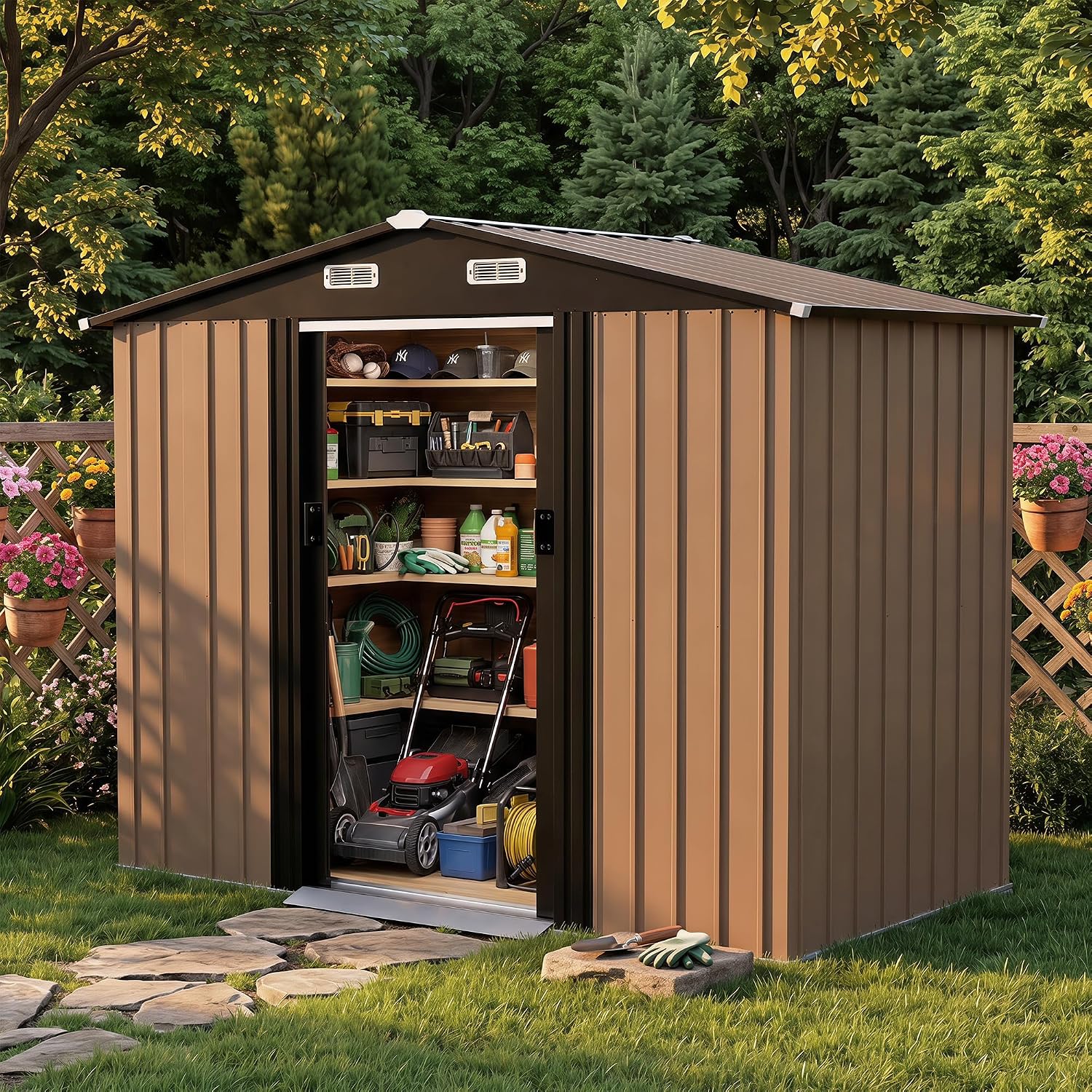 LAUSAINT HOME 10 x 4.5 FT Outdoor Storage Shed, Galvanized Steel Storage Shed with Double Sliding Doors, Gable Roof & Air Vent for Backyard, Side Yard & Patio, Brown