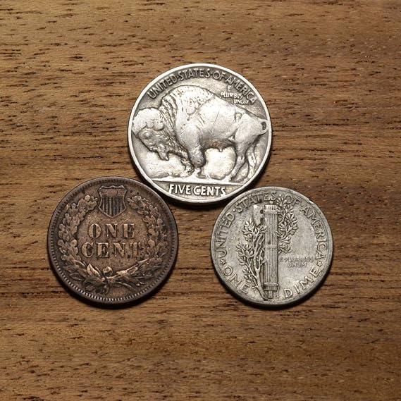 Old U.S. Coins 3 Coin Collection Gift Set - Indian Head Cent, Buffalo Nickel, Mercury Dime