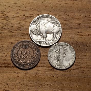 Old U.S. Coins 3 Coin Collection Gift Set - Indian Head Cent, Buffalo Nickel, Mercury Dime