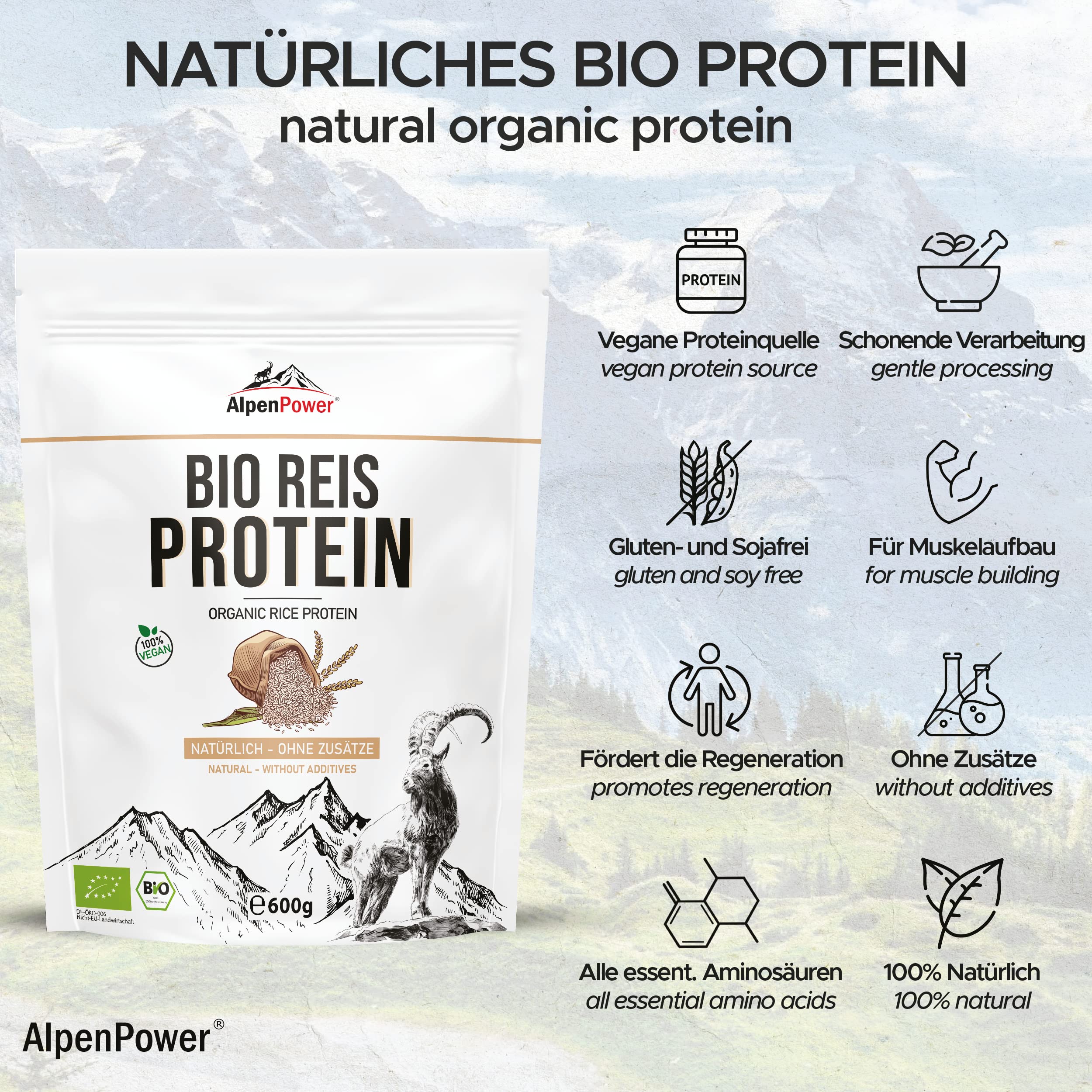 AlpenPower BIO REISPROTEIN 600 g - 100% reines Reisprotein-Isolat ohne Zusatzstoffe - Hochwertiges veganes Eiweiß-Pulver mit 85% Protein -Vielseitig anwendbar