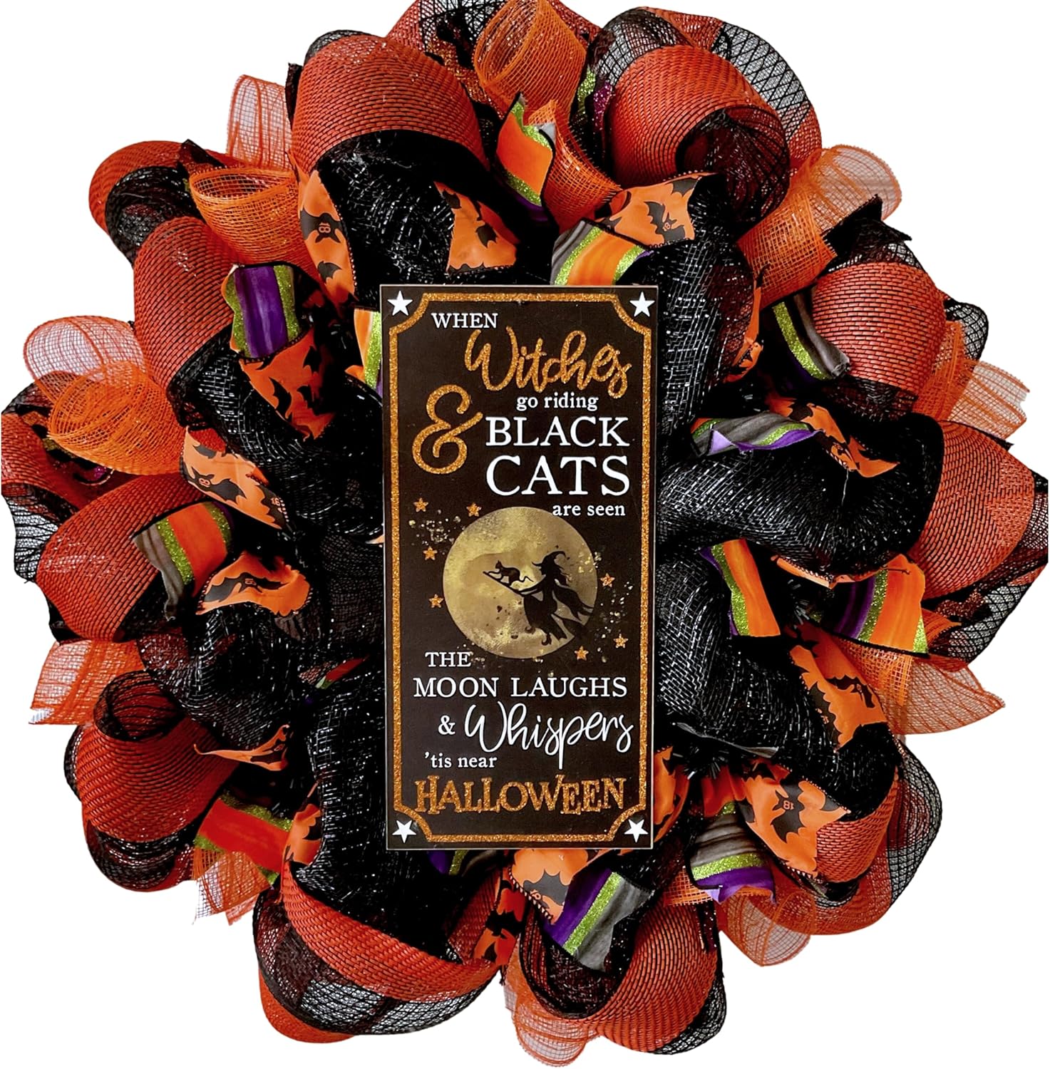 Witches and Black Cats Handmade Deco Mesh Wreath. Available in 24 inch and 28 inch diameters