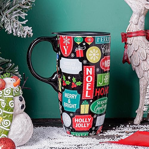 Miniatura 4 de DUSVALLY Taza de café de cerámica, tazas de café de Navidad, taza de té con leche con tapa y caja de regalo, taza de cerámica alta de 17 onzas, Noel
