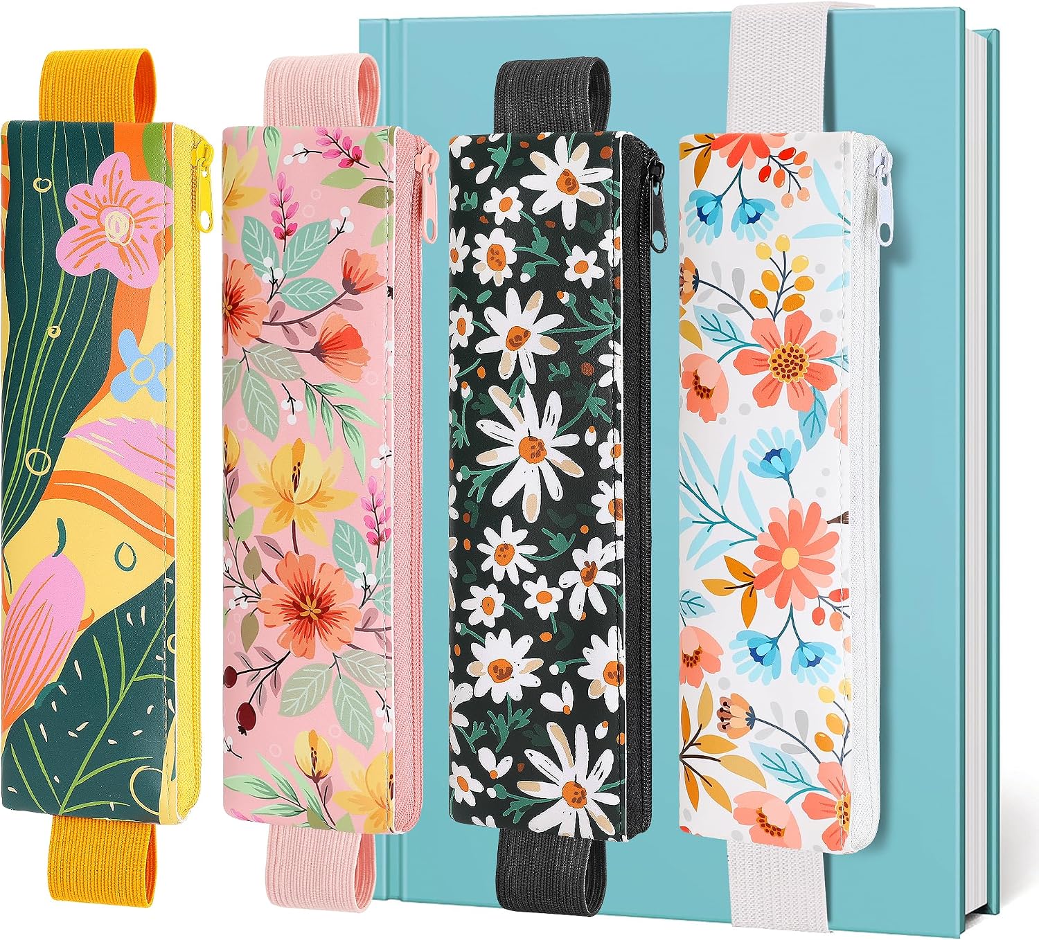 Elastic Pen Holder for Notebook, Bible Journaling, 4 Pack PU Leather Pen Holder with Adjustable Band, Zipper Pouch for Planners, Office Supplies (Floral Botanical)