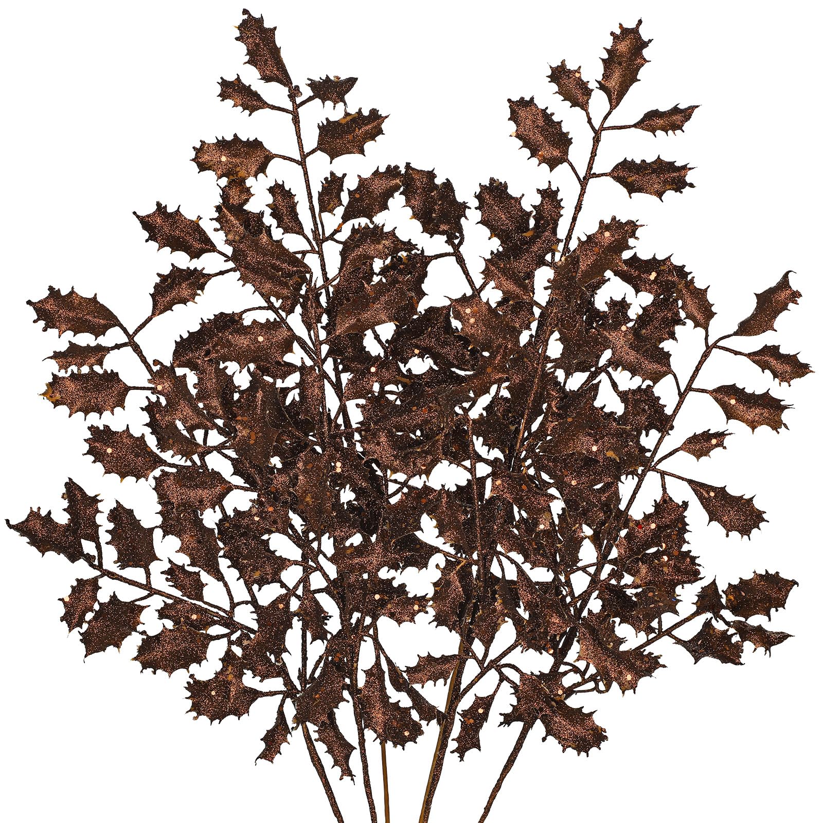 Briful 6 Pcs Bronze Glitter Leaf Artificial Holly Leaves 23" Christmas Glitter Leaves Stem for Xmas Tree Decorations Fake Leaf Artificial Stem for Flower Arrangment Home Decor — image 1