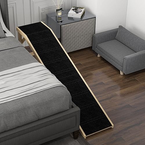 Miniatura 7 de PawHut Rampa para perros para cama, rampa para mascotas para perros con alfombra antideslizante y plataforma superior, 74 x 16 x 25 pulgadas, natural