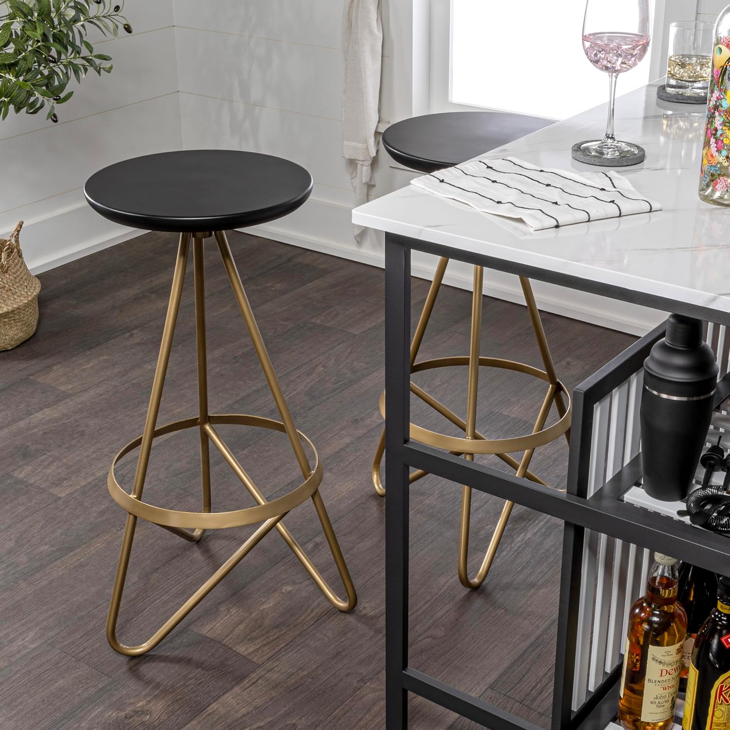 JONATHAN Y Spiroa 30" Black & Gold Modern Metal Backless Bar Stool, Iron Hairpin Leg Bar Chair with Footrest for Kitchen Island and Home Bar, Minimalist Design BSL1000C