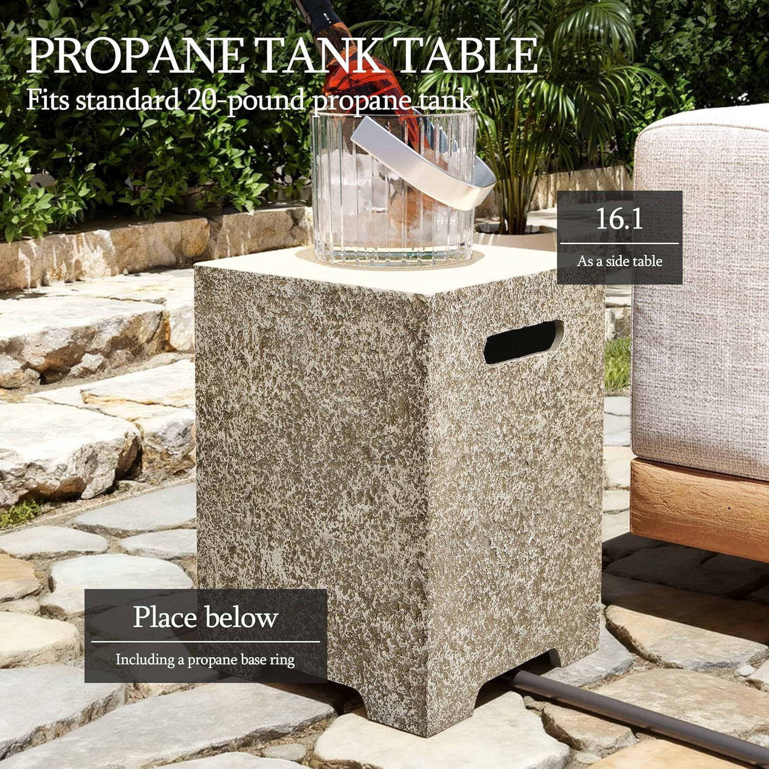 UPHA fire pit table covered with its beige oxford rain cover on a patio.