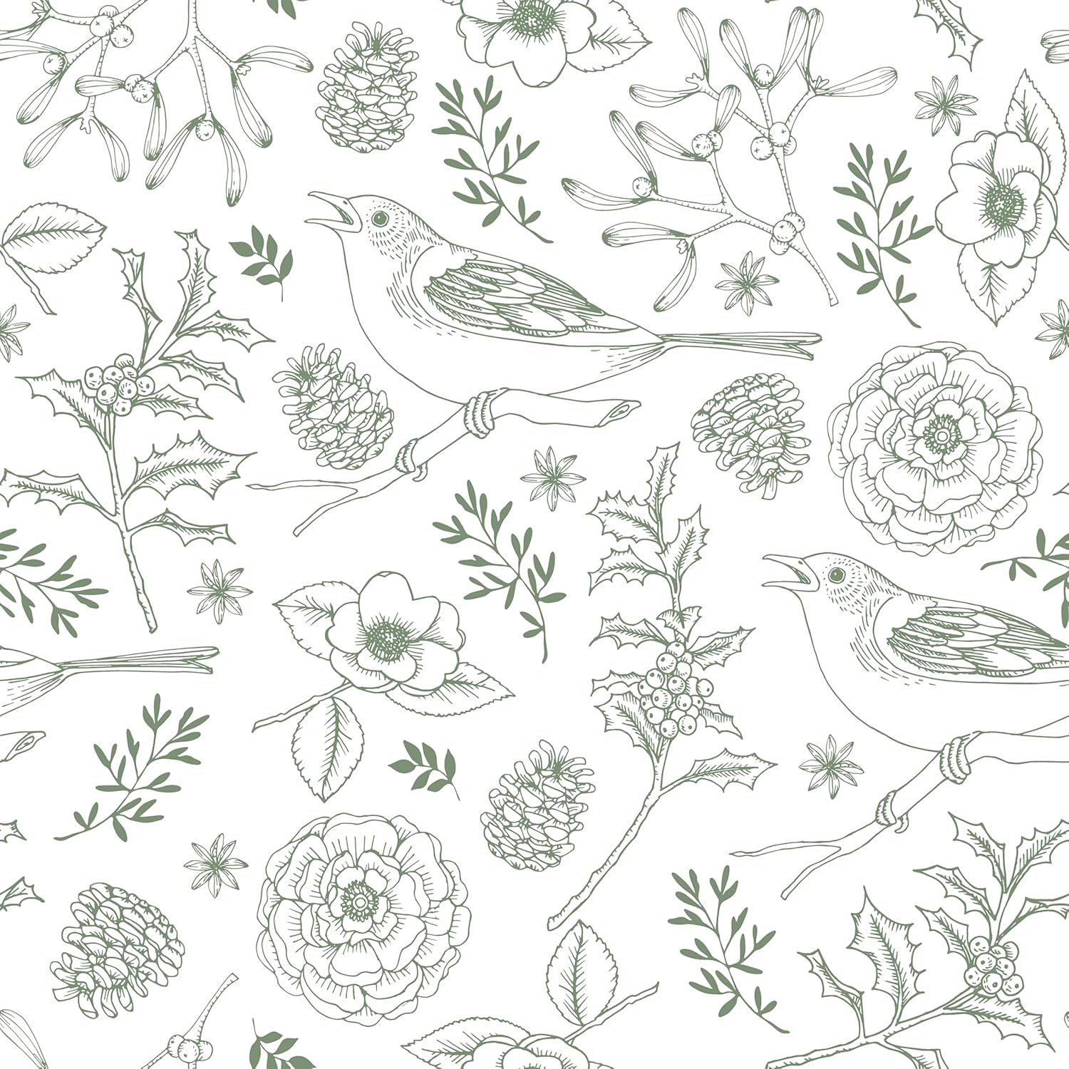 Floral Bird Sketch Wallpaper Peel and Stick Green Neutral Wallpaper Boho Animals Sketch Wall Paper Self Adhesive Removable Wallpapers for Bedroom Laundry Room Walls Cabinet 17.5 ×102''