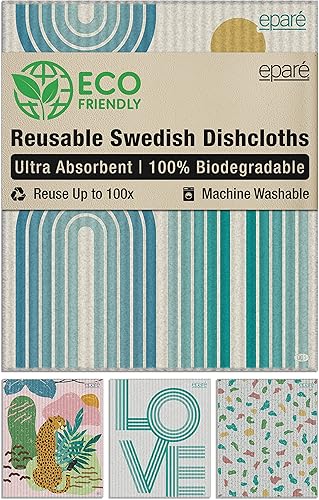 Eparé Paños de esponja de celulosa, paquete de 4 paños suecos grises para cocina, paños de cocina para lavar platos, esponjas suecas y toallas