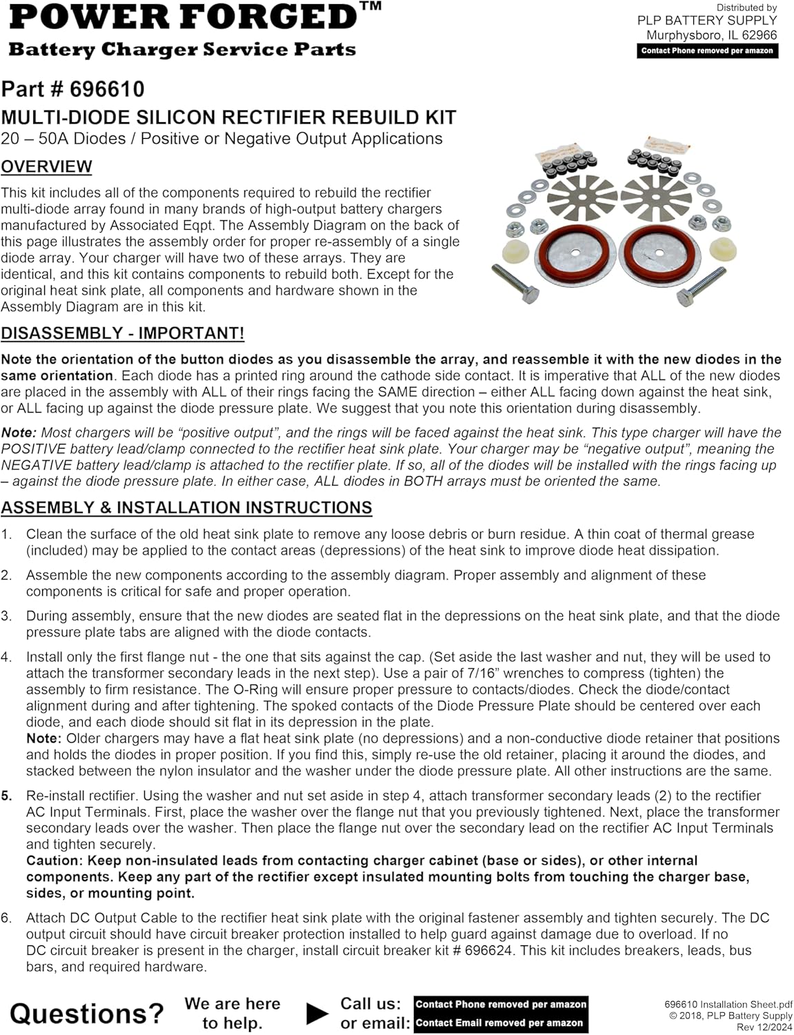 100 Amp Rectifier Rebuild Kit Contains All Components to Rebuild Burned-Out Associated Eqpt Rectifiers w/10-Spoke Fusible Plate 610100, 610122, 610364, PowerForged types 696600, 696601, 696604, 696605