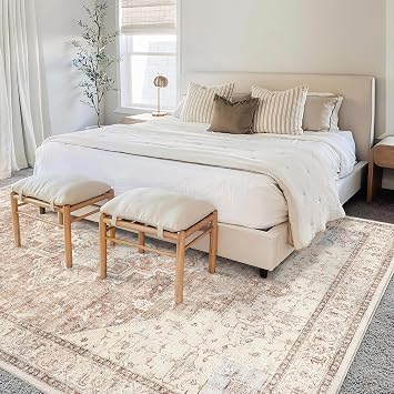 BILEEHOME Boho Farmhouse Bedroom Rugs Washable Light Brown Area Rug 5x8 | Vintage Country Persian Carpet, Tan Beige with Terracotta Patterned, Easy Clean Stain Resistant, for Dining Room Under Table
