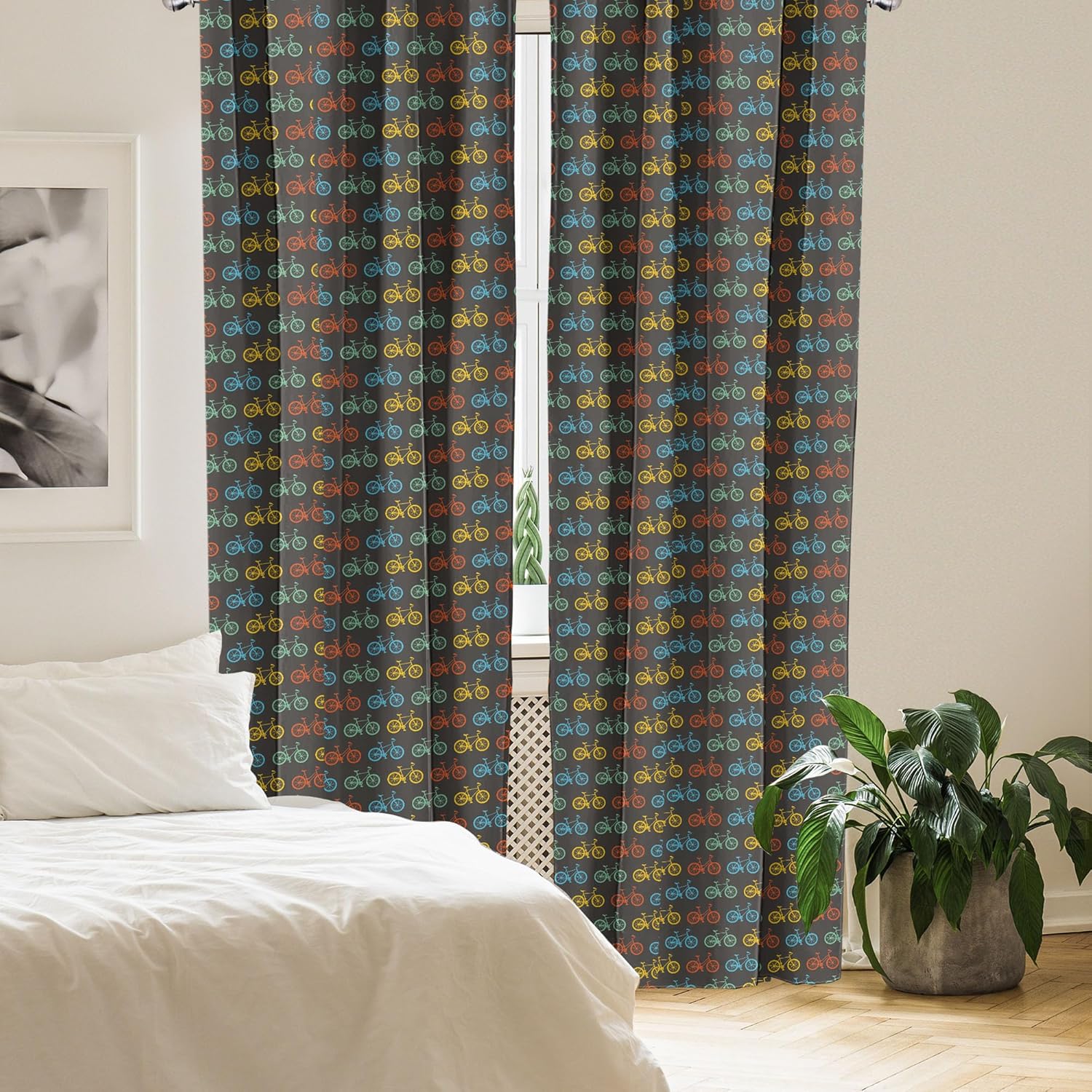 Ambesonne Bicycle Window Curtains, Modern Minimalist Colorful Design Bike Pattern on Earth Tone Back, Lightweight Decor 2-Panel Set with Rod Pocket, Pair of - 28" x 95", Vermilion Dimgray Mustard