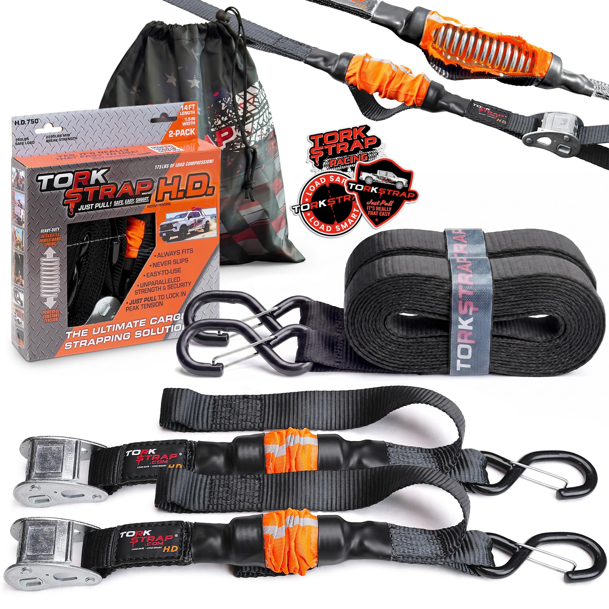 TorkStrap HD750-14' Spring Loaded Tie Down Straps - Adapts to Load