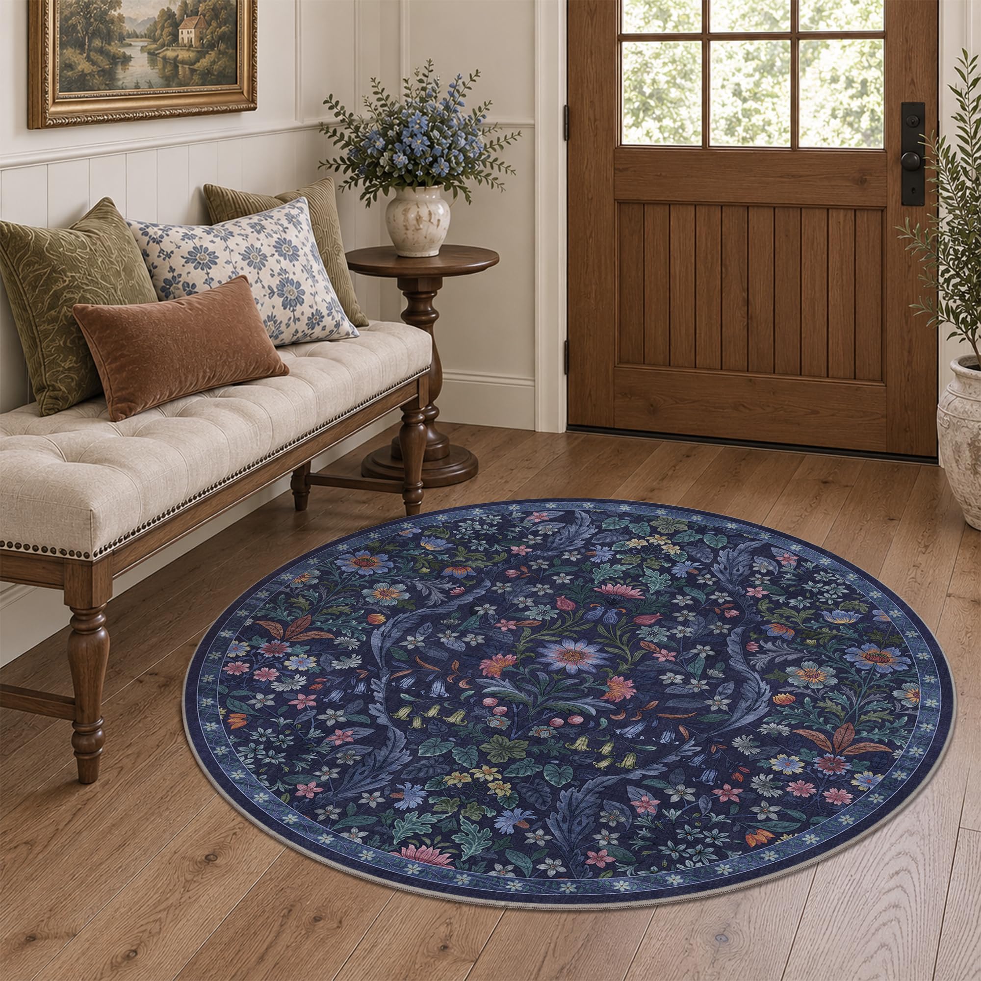 Round Rug 4ft Floral Circle Rug Blue Botanical Indoor Area Rug