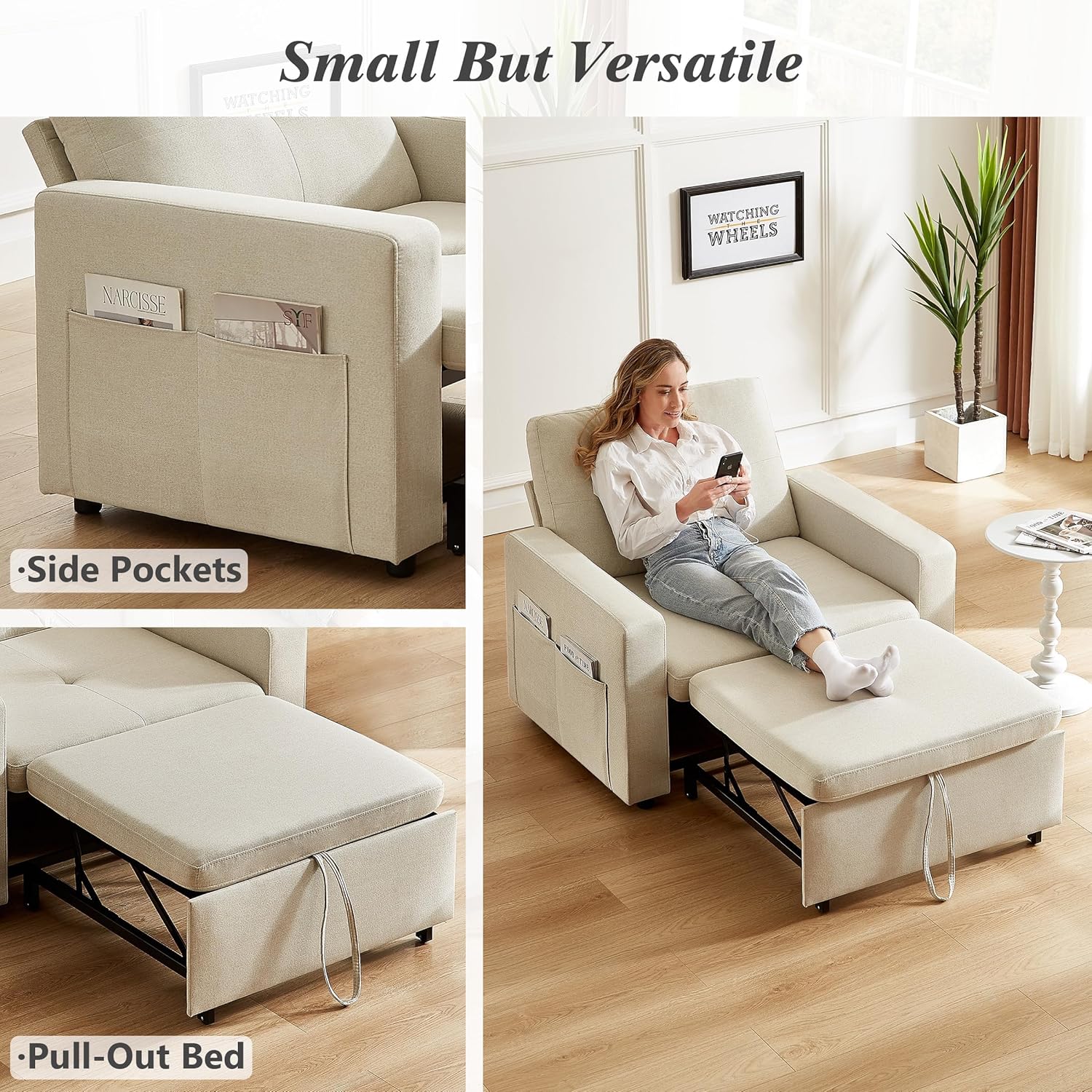 WEUP 42.5" Sleeper Chair Bed, 3-in-1 Convertible Reclining Sofa Chair with Pull Out Couch Bed, Adjustable Backrests, Side Pockets, Basic Beige