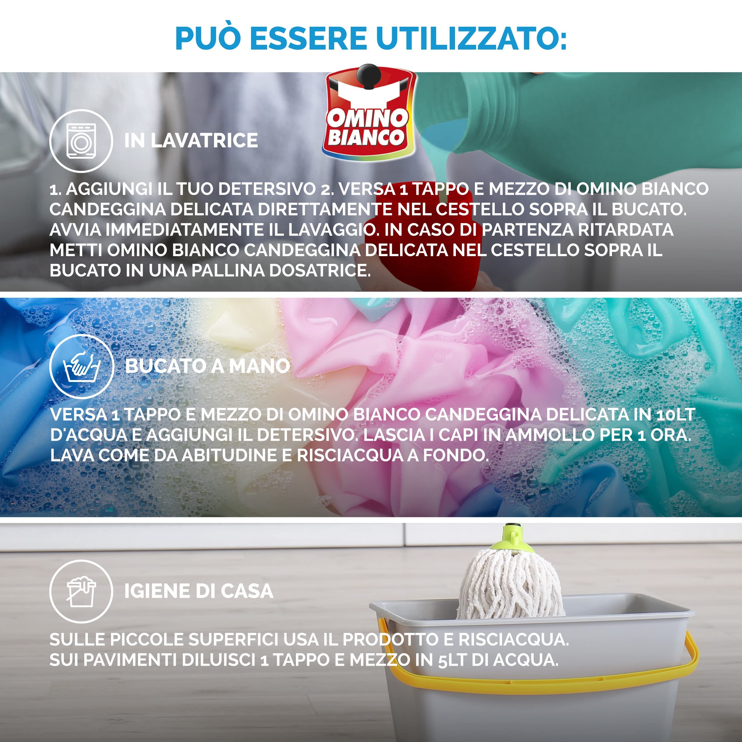 Omino Bianco - Candeggina suave con tecnología Disolver manchas, acción quitamanchas e higienizante, eficaz a bajas temperaturas, esencia de musgo blanco, 2000 ml x 6 paquetes
